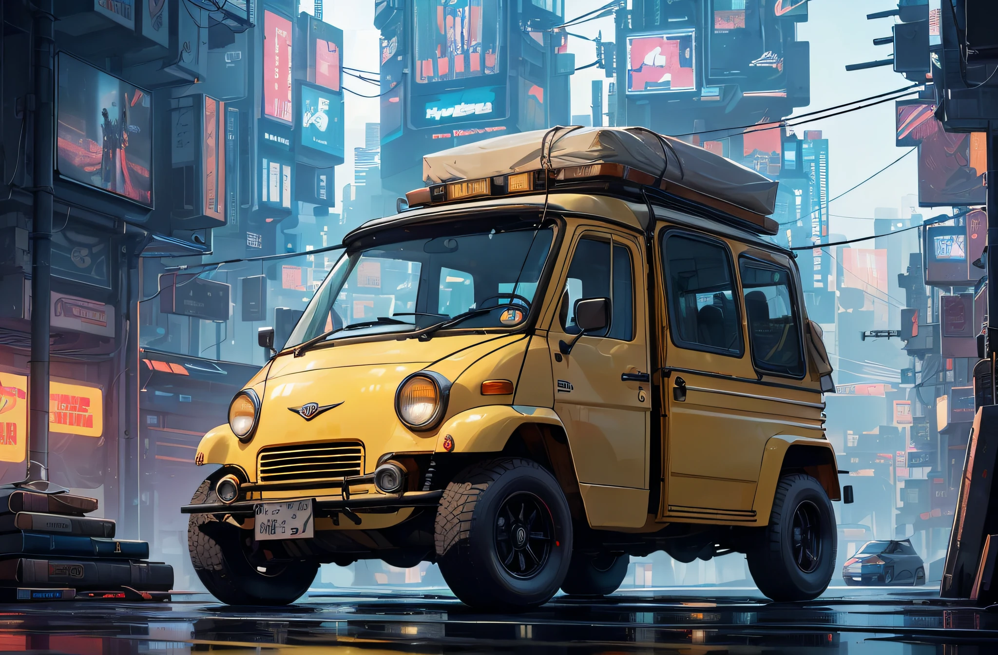 (at late night:1.3), , (detailed beautiful skin textures, detailed beautiful face, ultra detailed clothing textures), , (Cyberpunk:1.4), , (an ultra detailed four-wheeled and long bonnet tuk-tuk and letter-tires), , (3/4 Side view, The car is in the center of the frame), , (at parking area, at ultra detailed Night City of Cyberpunk), (All cars are classic cars with cyberpunk costumed), , (soft lighting), , (masterpiece, best quality:1.4, 128k, ultra detailed, illustration, distinct_image, intricate_details, delicate illustration), (realistic:0.15),