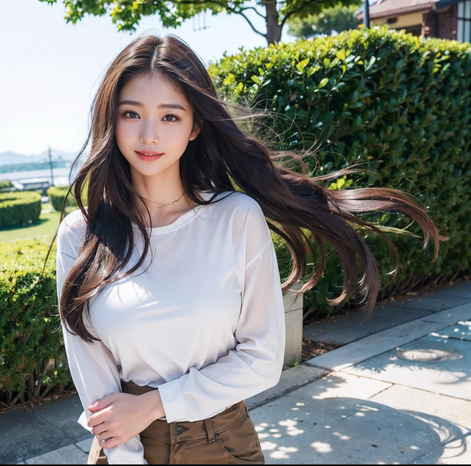 (top-quality、masterpiece)、(Realistic lighting with shadows)、huge filesize、hight resolution、elegent、realisitic、intricate detailes、(Perfect anatomical depiction of the human body)、1 girl with big、((Miraculous Super Size))、She is a teenage girl、((Beautiful light brown eyes with glowing highlights))、Her charming little thin lips are、No lipstick, however、It's shiny、Brunette hair fluttering in the wind、 Backlit braided half-up hair、hi-school girl、Black Dress、Wear chic clothes。Wearing tight pants、((The girl's breasts are not exposed at all))But、Very large breasts、Very beautifully、Looks like a school goddess。This picture is taken from the front.(It is a photo of a smile that looks like a wonderful flower blooming、I have a camera、See with your eyes.。