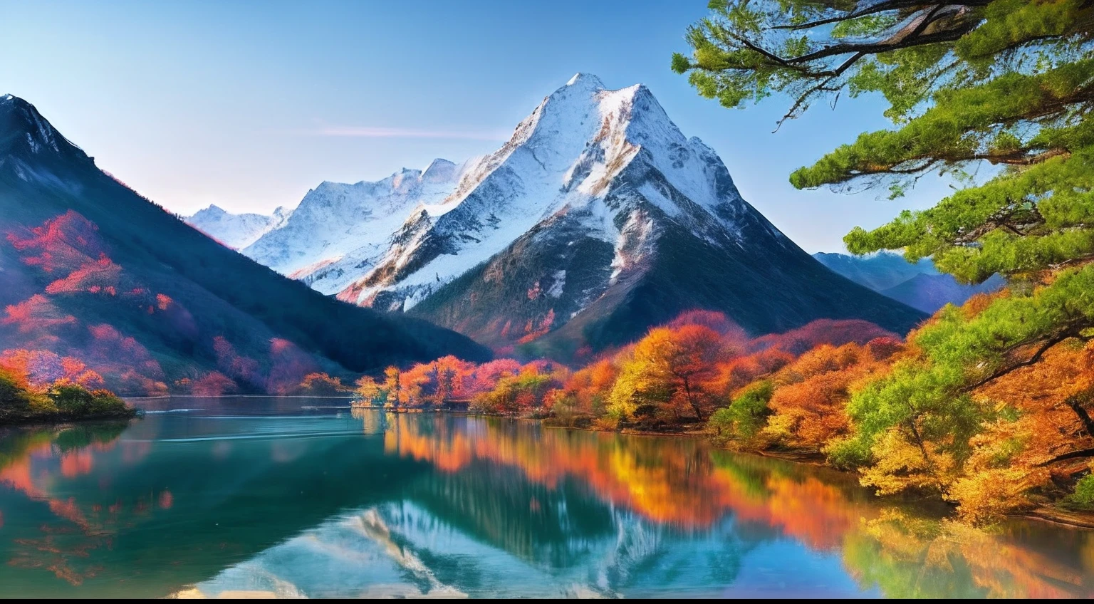 a beautiful korean mountain with lake, (masterpiece), (portrait), (raw photo), (extremely detailed CG unity 8k wallpaper) Intricate, Sharp focus, dramatic, photorealistic  art