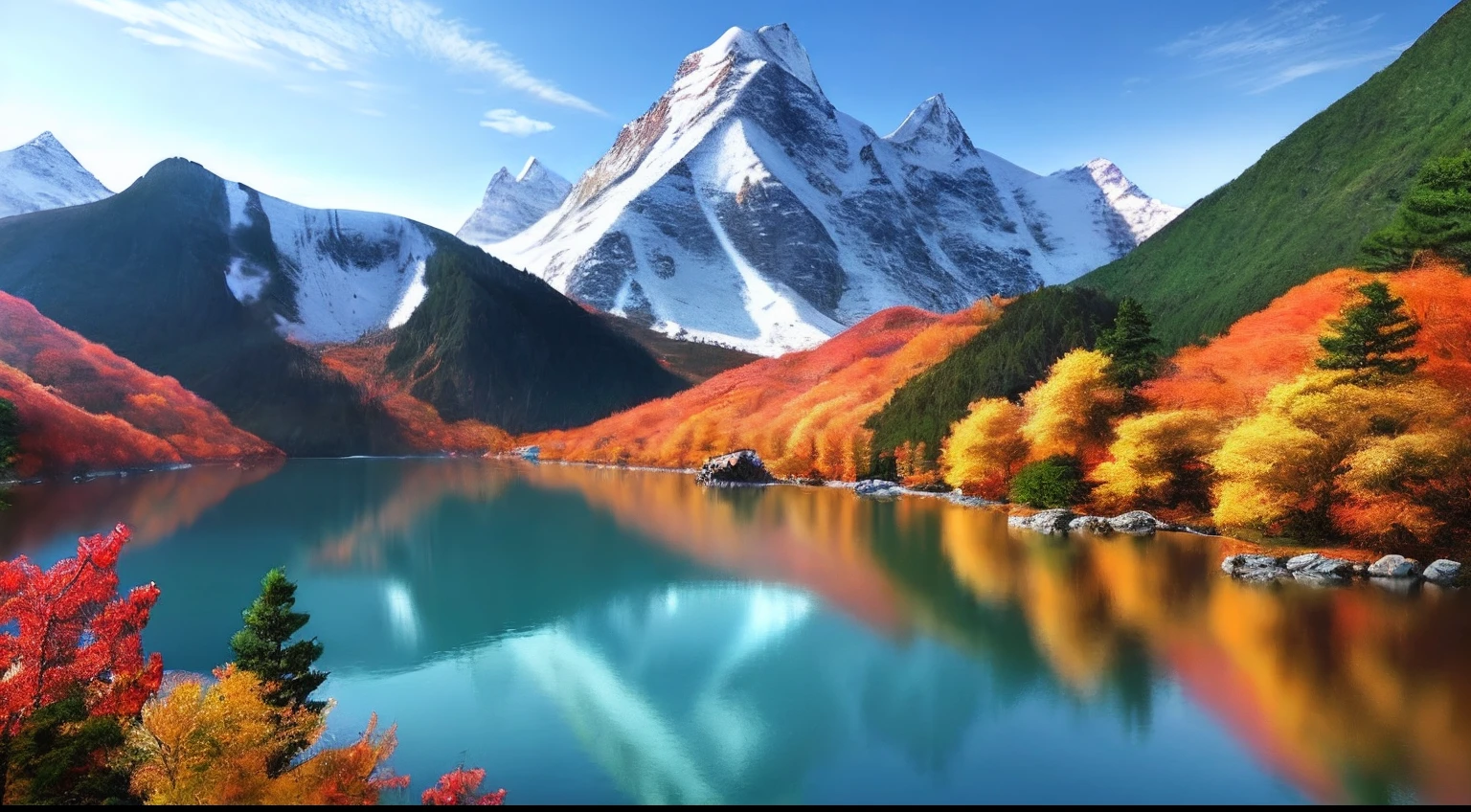 a beautiful korean mountain with lake, (masterpiece), (portrait), (raw photo), (extremely detailed CG unity 8k wallpaper) Intricate, Sharp focus, dramatic, photorealistic  art