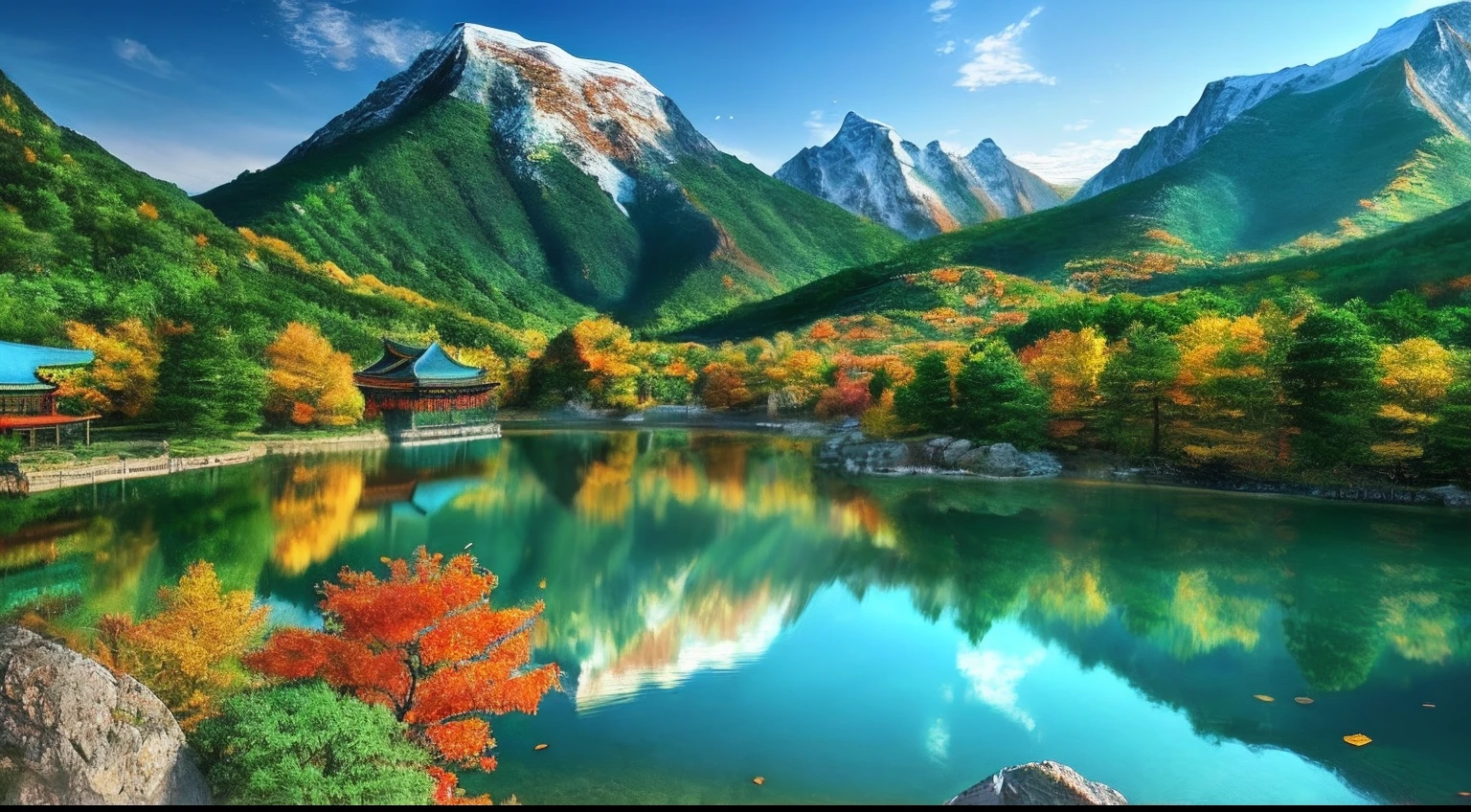 a beautiful korean mountain with lake, (masterpiece), (portrait), (raw photo), (extremely detailed CG unity 8k wallpaper) Intricate, Sharp focus, dramatic, photorealistic  art