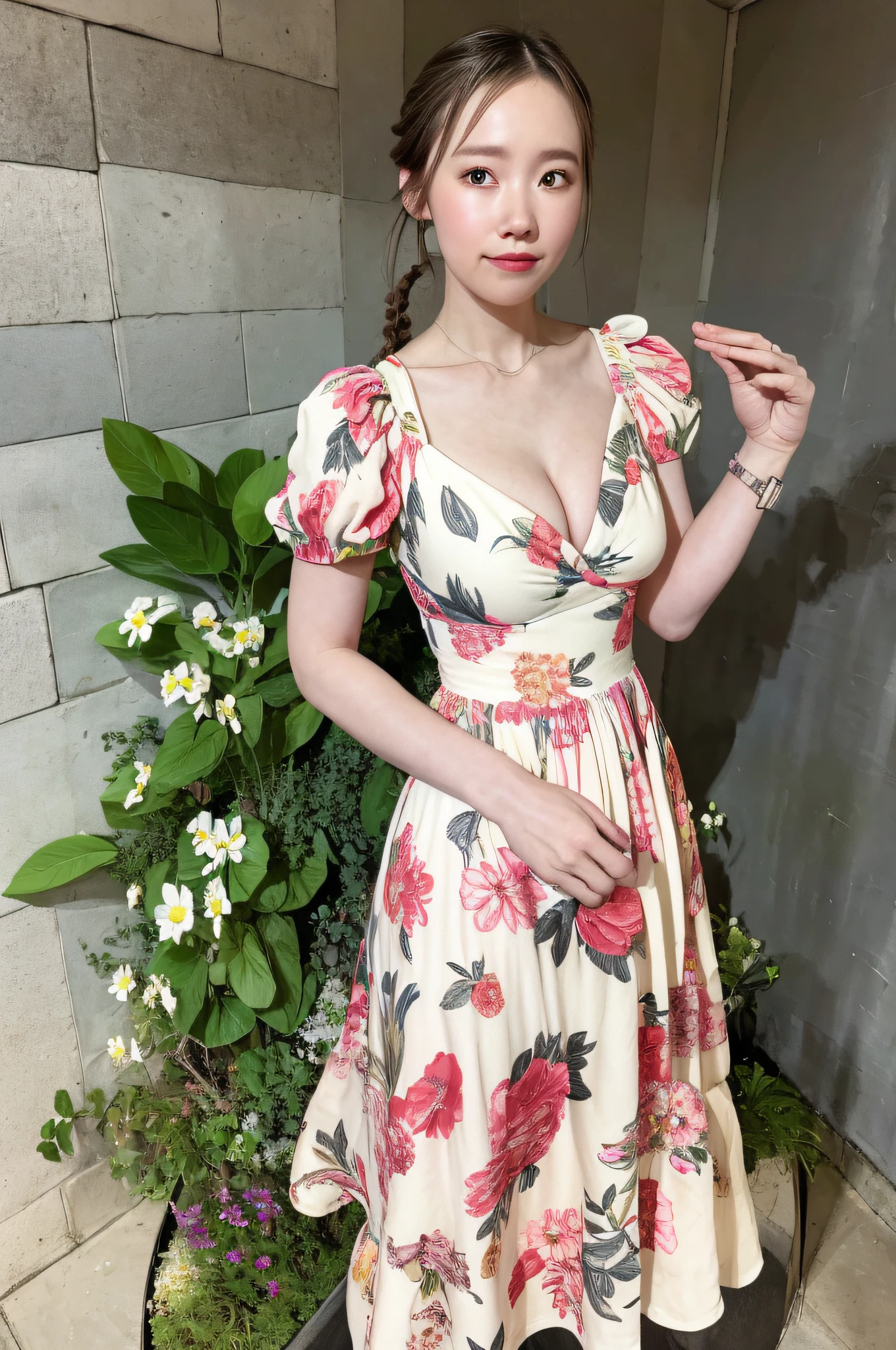 Woman, look at viewr, french braid hair , Flower Holter Dress, cleavage, Garden landscape design, (Rim Light)