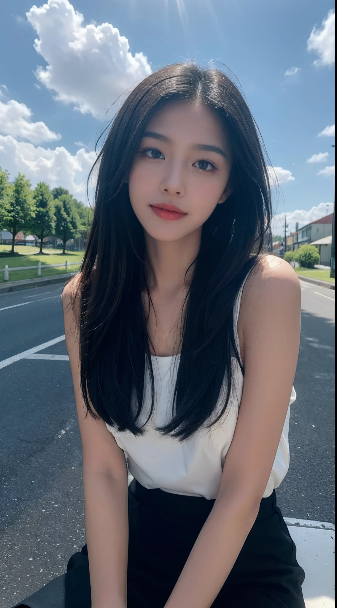 ((Best Quality, 8K, Masterpiece:1.3)), A beautiful girl, pure, melon face, gentle and cute, sweet smile, pure desire, thin figure, (frontal), (tilted head), looking directly at the camera, uniform, obi, formal, black silky long straight hair, long hair flowing over the shoulders, round black big eyes, clear big eyes, moist red lips, sweet, sitting on the side of the road, blue sky and white clouds, grass, buildings,