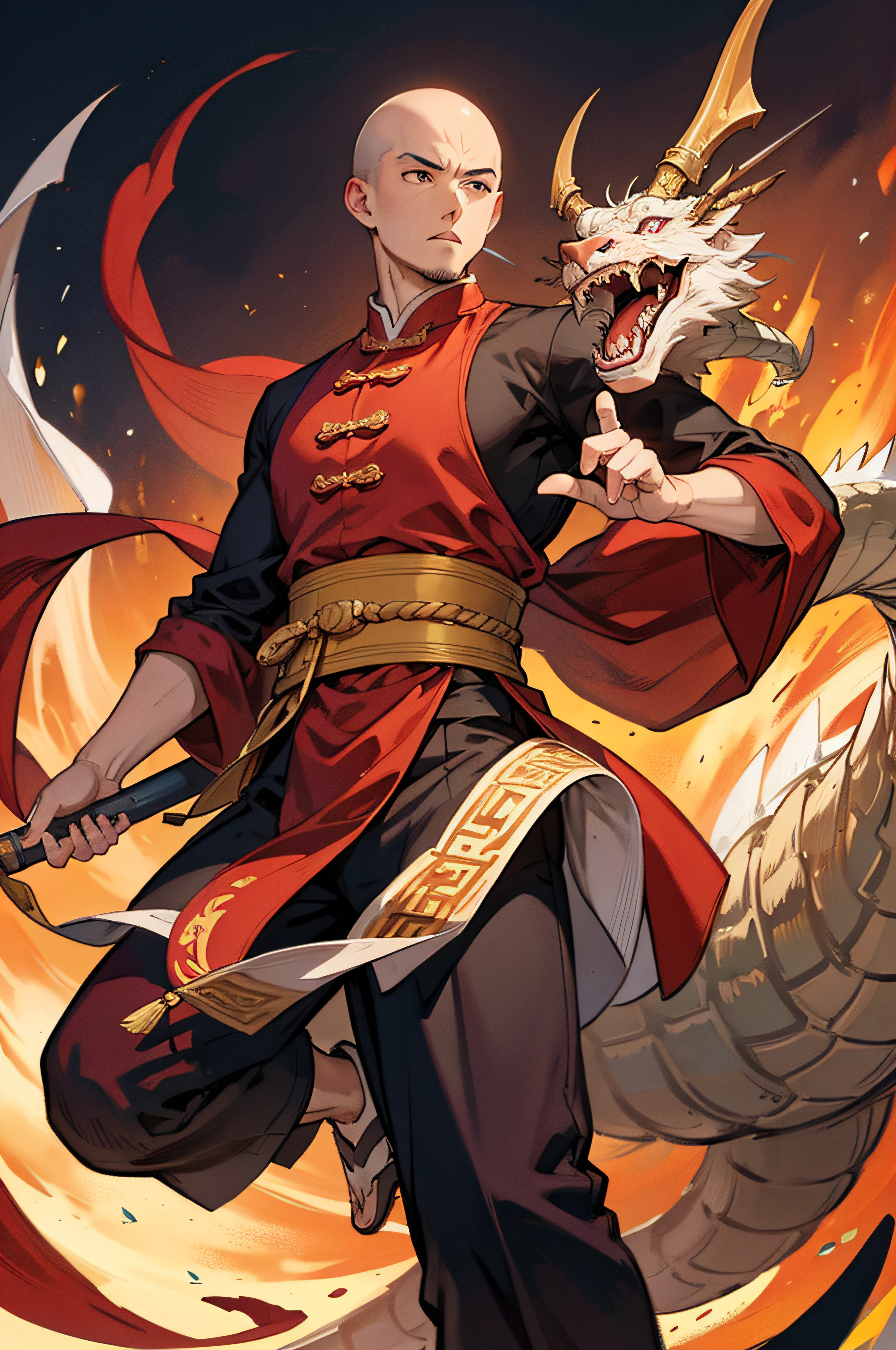 a bald Chinese monk in a martial combat position, A dragon in the background