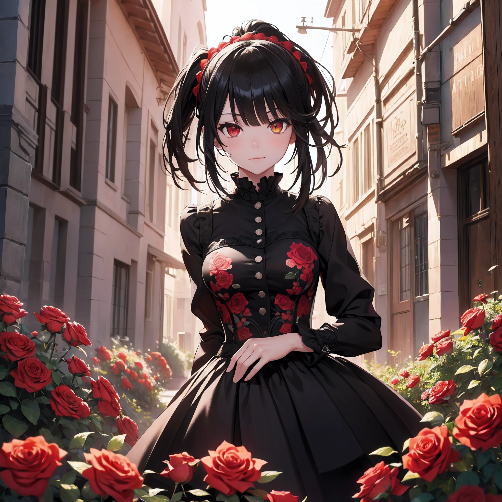 ((top-quality)), ((masterpiece)), ((ultra-detailliert)),(8k wallpaper:1.2),(Ultra-high resolution:1.2),(masterpiece:1.1),wallpaper,High quality,(High detail),(absurdres, highres, ultra detailed),( best quality:1.2),1girl,tokha Kurumi,yellow and red eyes,black hair, ponytail hairstyle,black and red dress,(hair covering left eye), lightly smiling, heterochromia , absolutely stunning art, extremely detailed, highest quality digital art, surrounded by Roses