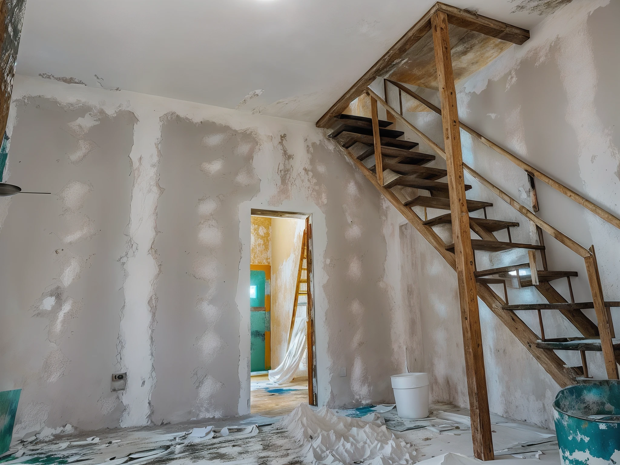 Staircase in a room with a wall and a bucket of paint, The walls are made of dry wall, Interior de la casa, yeso, interior, paredes de estuco, Vista interior, fondo interior, escaleras a un piso superior, escaleras de color rojo claro, Interior del edificio, Dentro del edificio, inside room, Pared blanca interior, Inside the white room, techo alto, Drywall, placa de yeso, blanco, trazos, uniforme