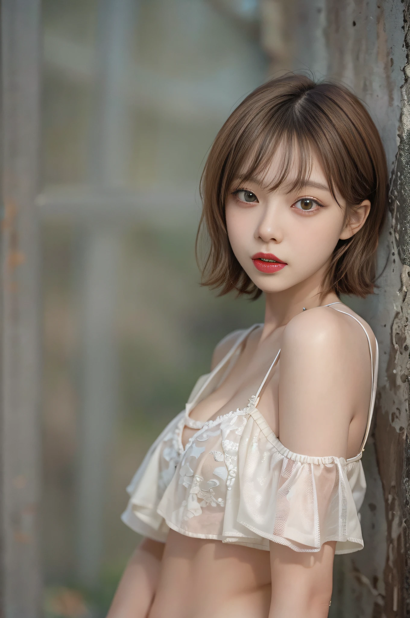 Top image quality、Raw photography、超A high resolution、An 18-year-old woman、Shooting for one person only、modelshoot、round breast、cleavage of the breast、Summery clothes、Beautiful Eyes of Details、very elongated eyes、Beautiful eyelashes、Beautiful double eyelids、Black walls、very slender legs、Shorthair with light brown hair、very slender physique、Very small buttocks
