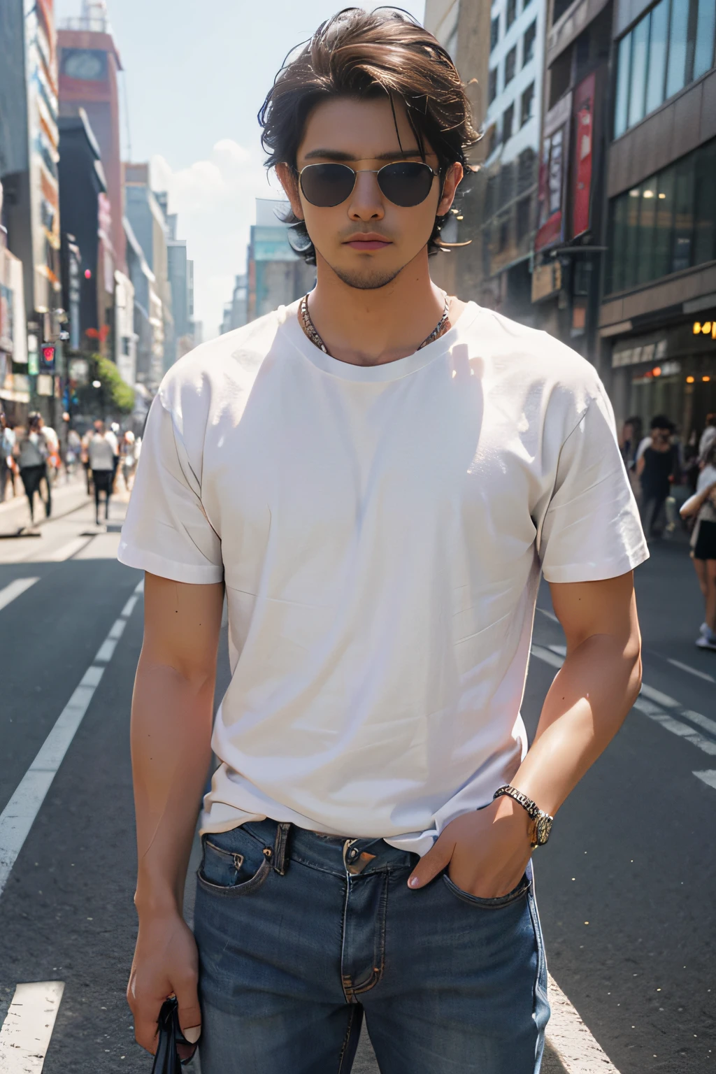 (​masterpiece、top-quality、top-quality、raw、A hyper-realistic)、Urban cityscape、Shibuya cityscape、a handsome、twinks、(((Astringent uncle wearing sunglasses)))、A slender、(((Please wear a plain white T-shirt all over your body.)))、((whole body visible))、(standing straight ahead)、Wearing jeans、ighly detailed、colourfull、highestdetailed