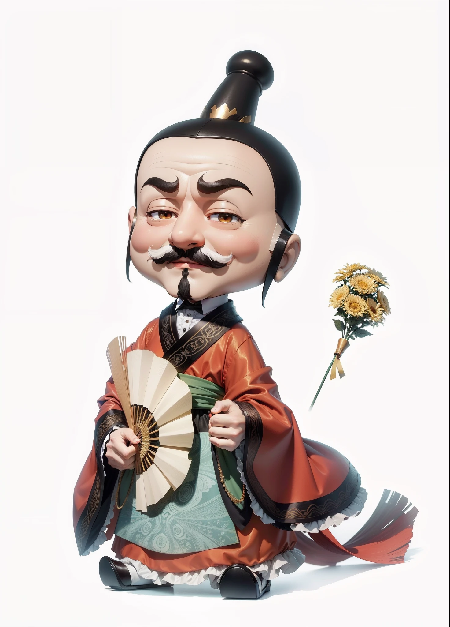 tmasterpiece,high qulity,1 Cartoon ancients,period costume,Take a fan,ssmile,Chrysanthemums have beards,ssmile,adolable,Cartoon anime style,4K,Ray traching