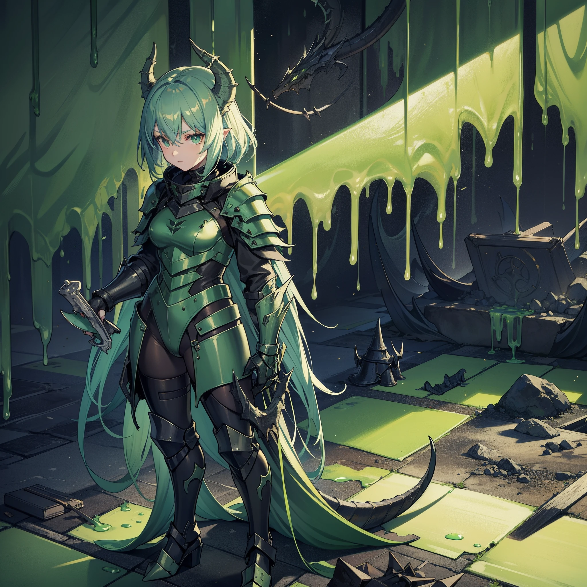 Armorwing, wyvern, slime-green and dripping with slime, long sharp grey claws, tail covered in metal trash and metal trash armor, in Creepypasta style, best quality, masterpiece