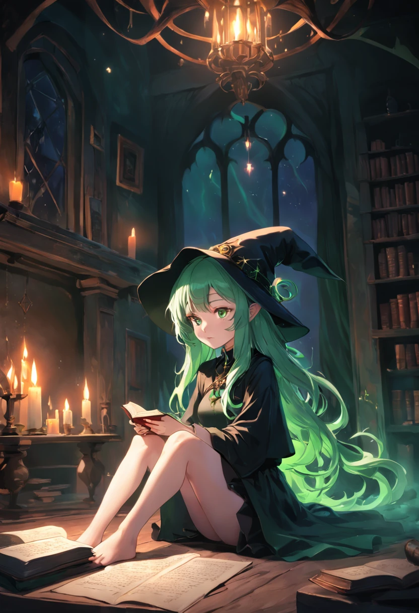 original character , beautiful girl with green wavy hair , witch hat , sitting in a dimley lit room , candles , casting a spell , sitting on the floor , dark room , reading a spell book, looking away , shallow depth of field , rendered , stunning details