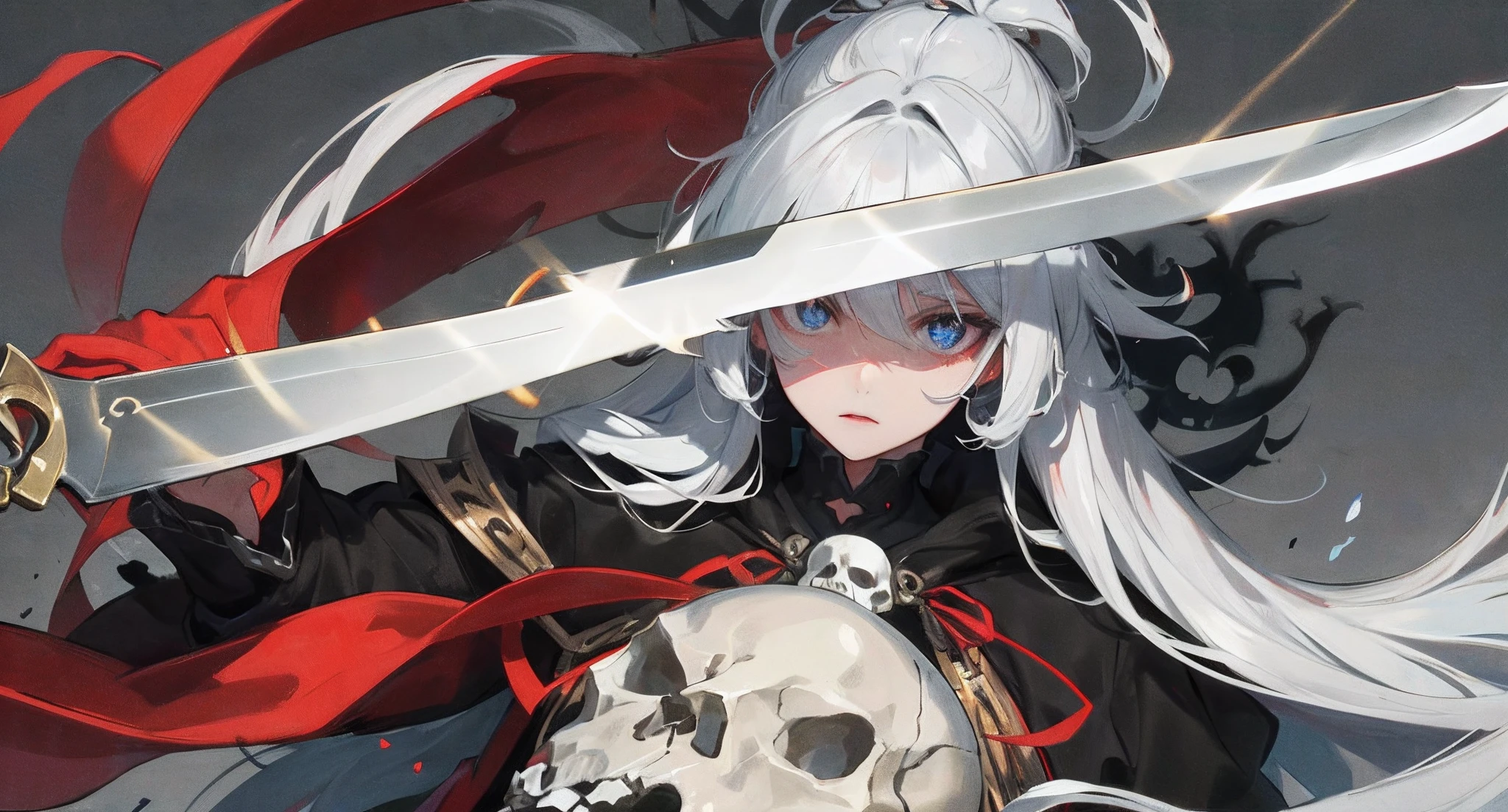 The scythe is about one meter eight meters long,The length of the knife is about eighty centimeters。Close to half of the shank part。The whole is reddish-black,Huge blade,Render a radian,It exudes a cold light。(2) At the top and bottom of the handle are two skulls of a large and a small one,The top skull has blue fire in its eyes,The handle is wrapped in white cloth as a whole,At the junction of the blade to the handle are tied two bells and two white ribbons