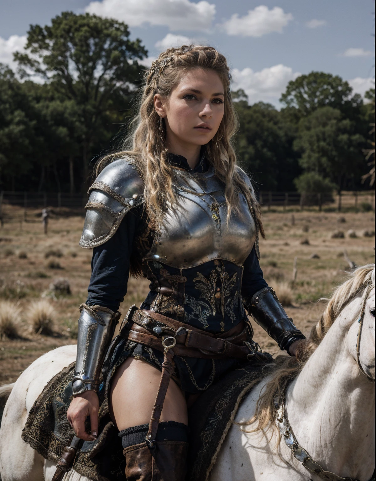 Mujer araffe con armadura montando un caballo blanco en un campo, de una hermosa caballero femenina, Hermosa caballero femenina, Chica con armadura de caballero, gorgeous female paladin, Vestido con armadura, Una guerrera rubia sexy, con una armadura real, Caballero femenino, vestido de caballero, Wearing fantasy armor, usar coraza brillante, en armadura