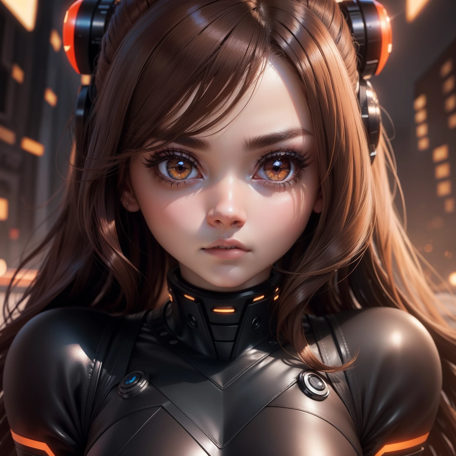 Bright brown hair dressed as a cyber with big eyes with long lashes that make you feel the whole body