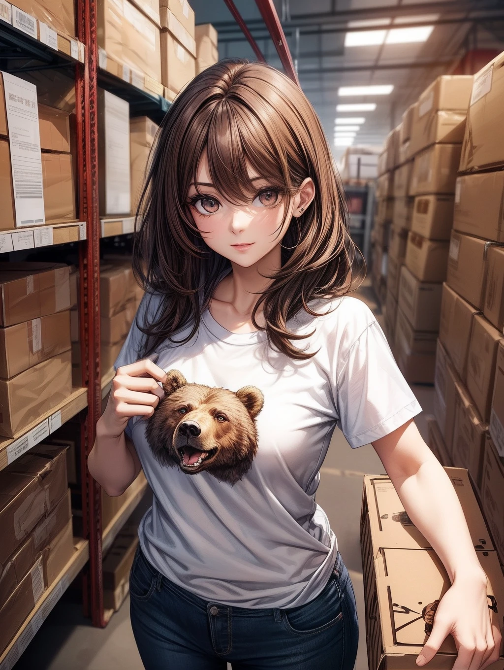 Best Quality, masutepiece, beautiful mature women、Beautiful face、Strong-minded woman、T-shirt with a picture of a bear、Office Suit Pants、brown haired、Brown-eyed、Longhaire、Undersized eyes、Full body like、warehouse、Transport by trolley