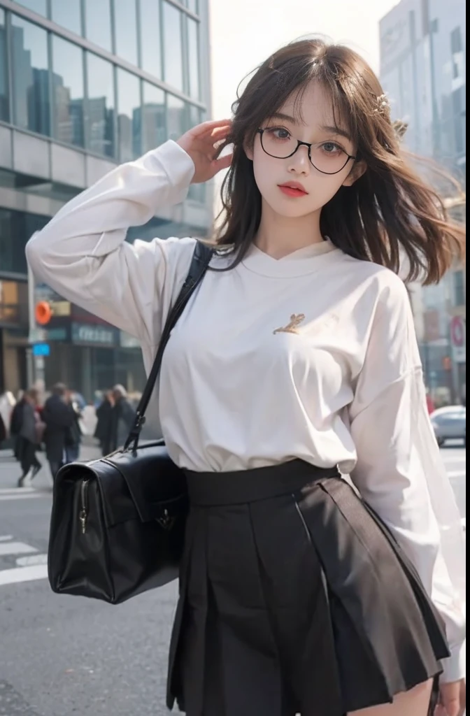 ulzzang -6500-v1.1, (Raw photo:1.2), (Photorealistic:1.4), Beautiful detailed girl, Very detailed eyes and face, Beautiful detailed eyes, Ridiculous, Incredibly ridiculous, Huge file size, super detailed, High resolution, Very detailed, Best Quality, masutepiece, ((fashion clothing with diverse colors)), Illustration, Very detailed, nffsw, unified, 8K Wallpaper, amazing, Fine detail, masutepiece,Best Quality, Highly detailed ticker uniform 8k wallpaper, Light on Face, Movie Lighting, 1girl in, , long white hair, side split, ((No panties)), (with glasses), ((Dynamic Pose))), (Sexy Pose))), (Camel toe), (half), (pantyhose)), ((Black hip skirt))