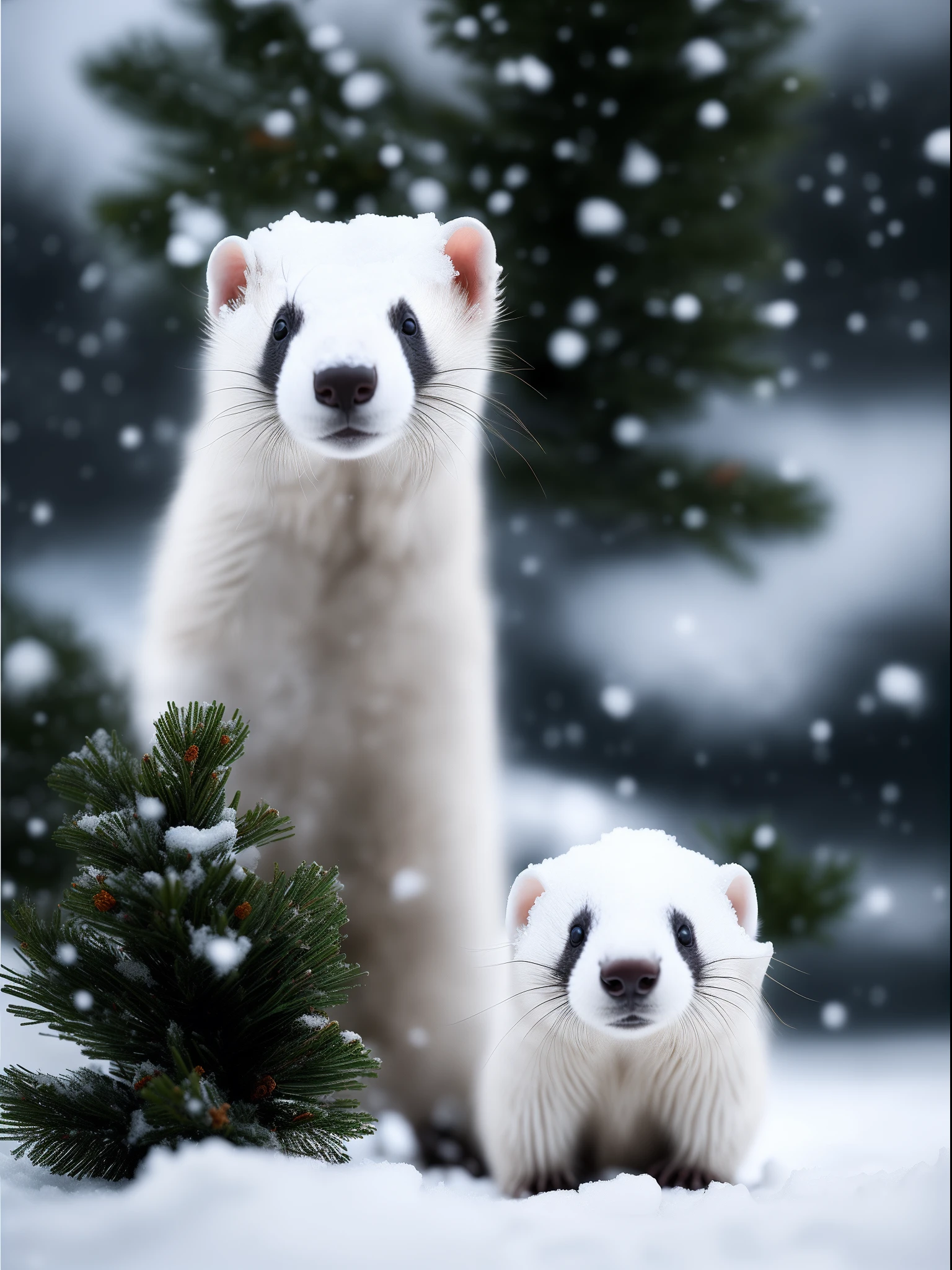 A white ferret stands on the snow,There is a ferret under the pine tree,It's snowing, RAW photo, (8K、top-quality、tmasterpiece:1.2)、(intricately details:1.4)、(Photorealsitic:1.4)、Complex 3D Rendering Ultra Detail, vibrant detail, super detailing, Photorealsitic