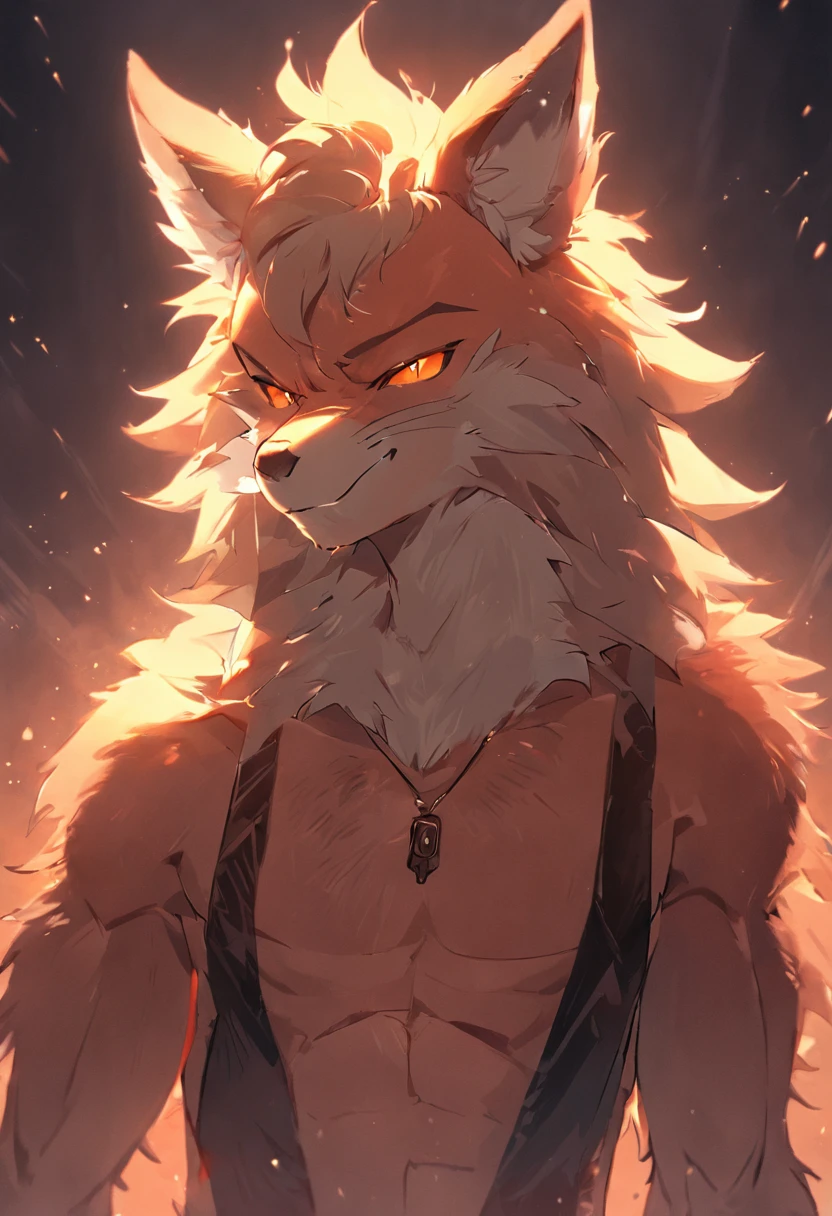 4K, high resolution, Best quality, Masterpiece, perfect colors, perfectly shaded, Perfect lighting, posted on e621, (by Chunie), Furry, anthro, Furry art, ((Portrait)), anthro male fox,, Two-tone leather，（Lunette de soleil），hairy bodies, Yellow eyes, perfect male figure, （leisure wear）,Detailed fur, Detailed face, Perfect face, (The stands up), Detailed background, ((Bonifasko lighting)), coda, (Detailed eyes), perfect pupils