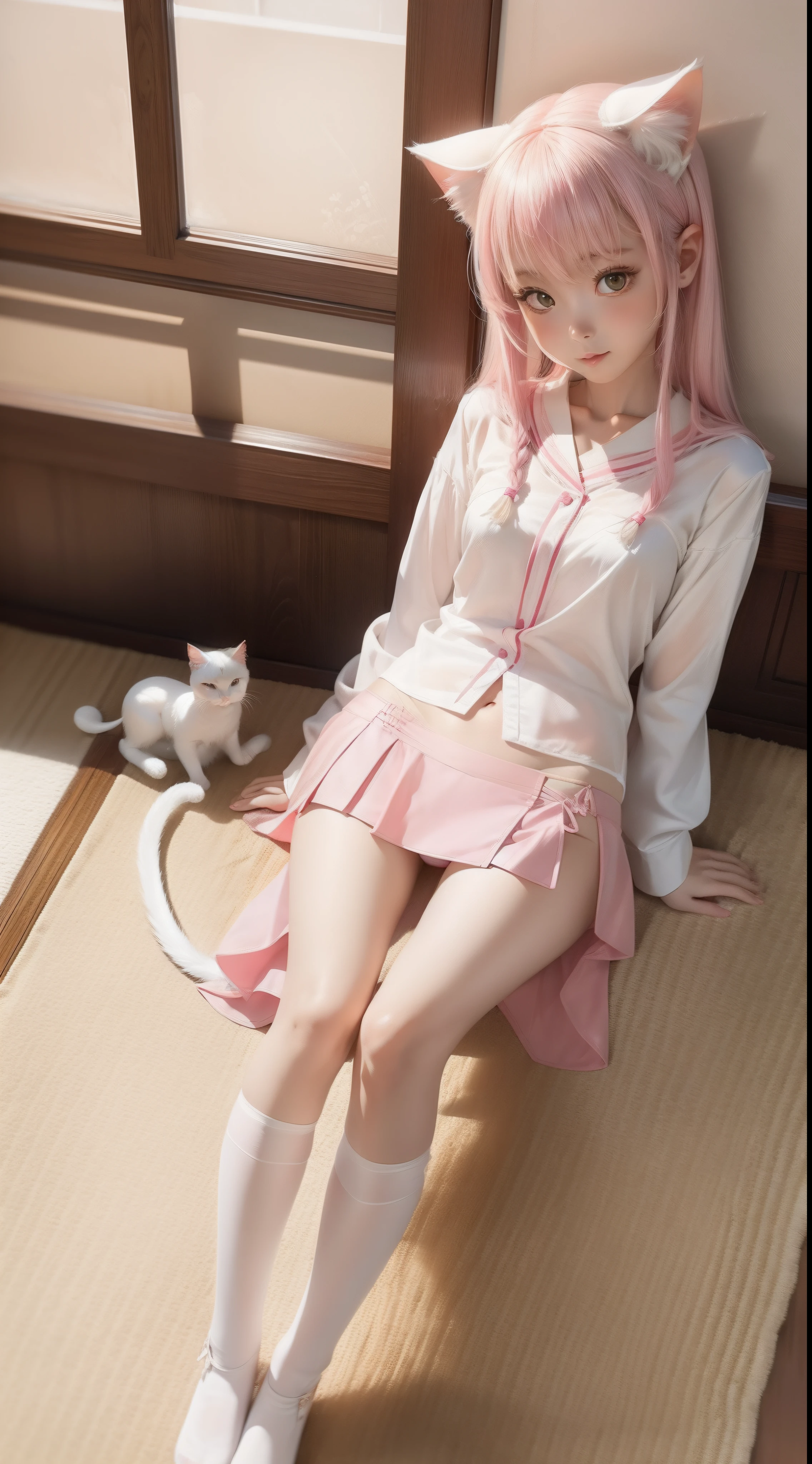 White silk cat-eared ,Long-legged jade feet,Pink miniskirt,Panties exposed