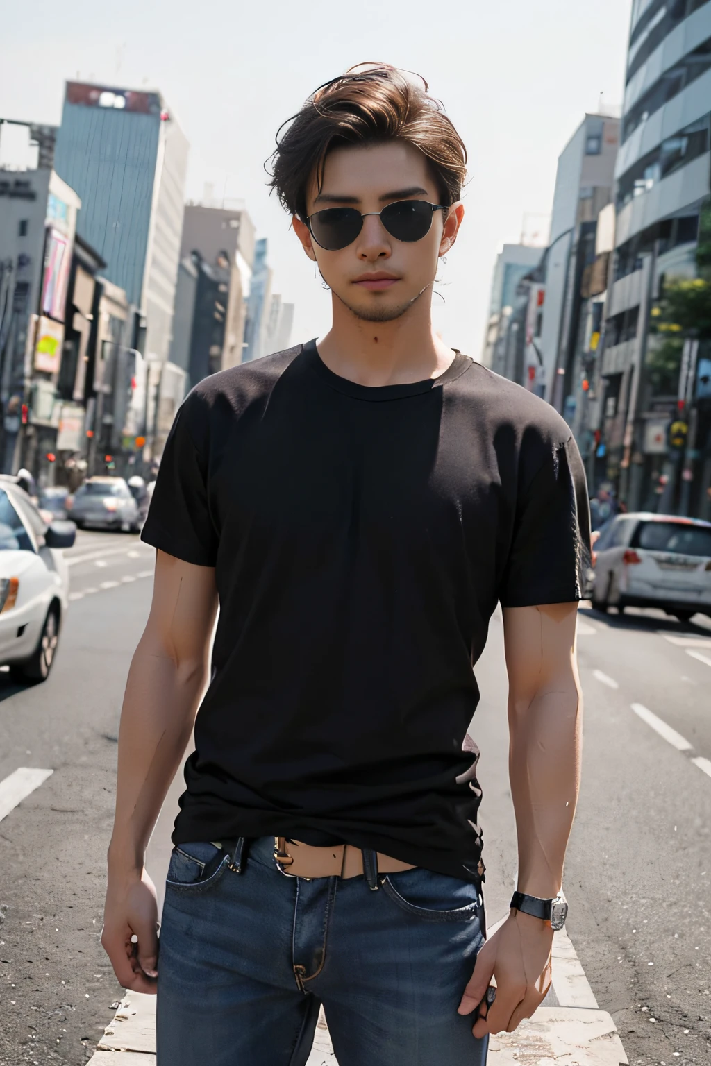 (​masterpiece、top-quality、top-quality、raw、A hyper-realistic)、Urban cityscape、Shibuya cityscape、a handsome、twinks、(((Astringent uncle wearing sunglasses)))、A slender、(((Wear a plain black T-shirt all over your body.)))、((whole body visible))、(standing straight ahead)、Wearing jeans、ighly detailed、colourfull、highestdetailed