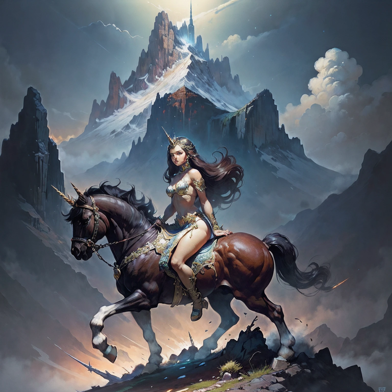 (Masterpiece), (Best quality), (Ultra detailed), (Cinematic lighting), (illustration), Frazetta, (The woman on the unicorn ), Mountain,