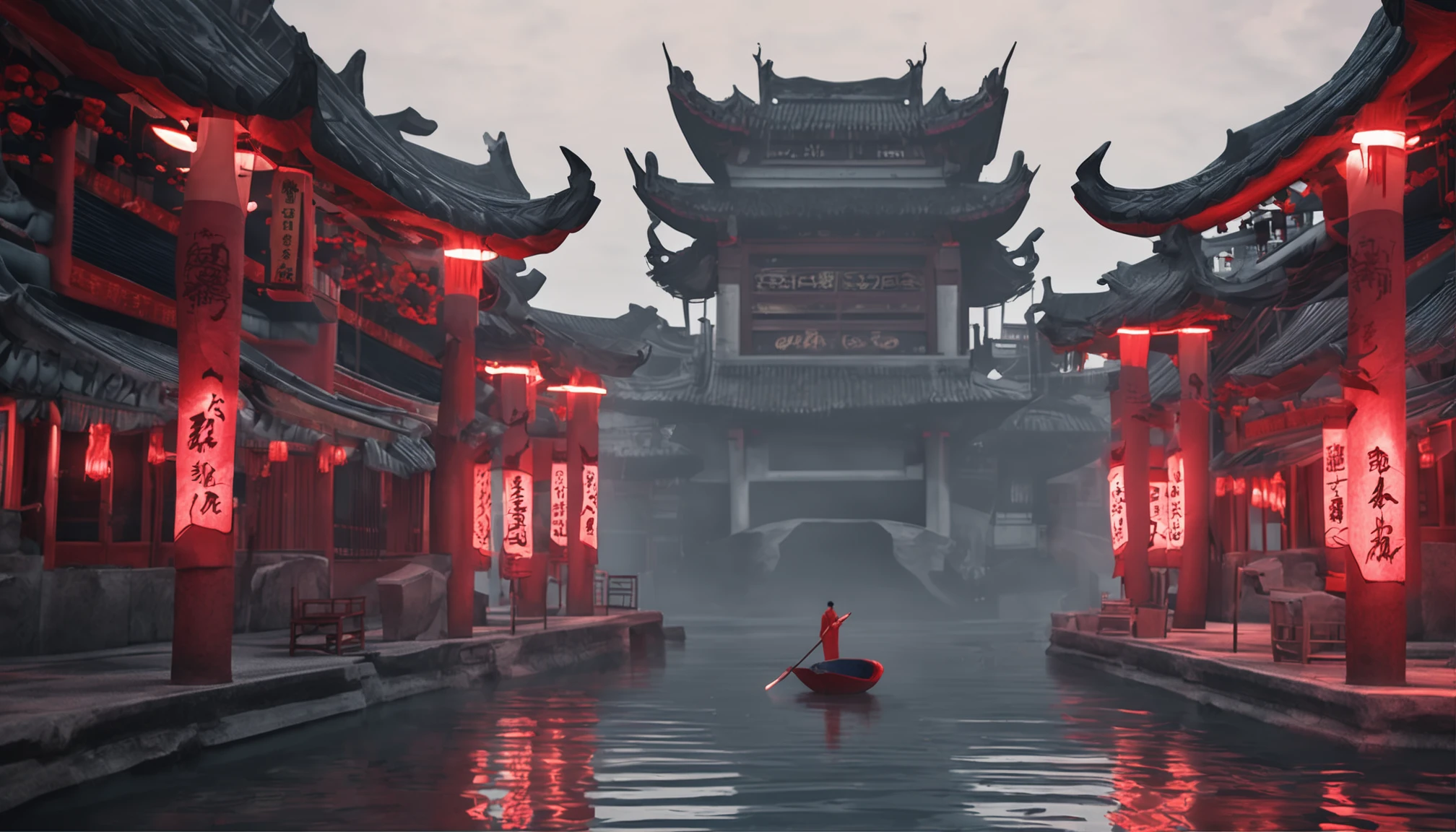 Middle Metaverse,Chinese Ghost Festival,Grey street of ancient buildings,On the blue river,There are lotus flowers shining in the light,The red Kong Ming lantern floats in the blank,Occasionally there are black figures,semi transparent,tmasterpiece,darkly ,boisterous,terroral