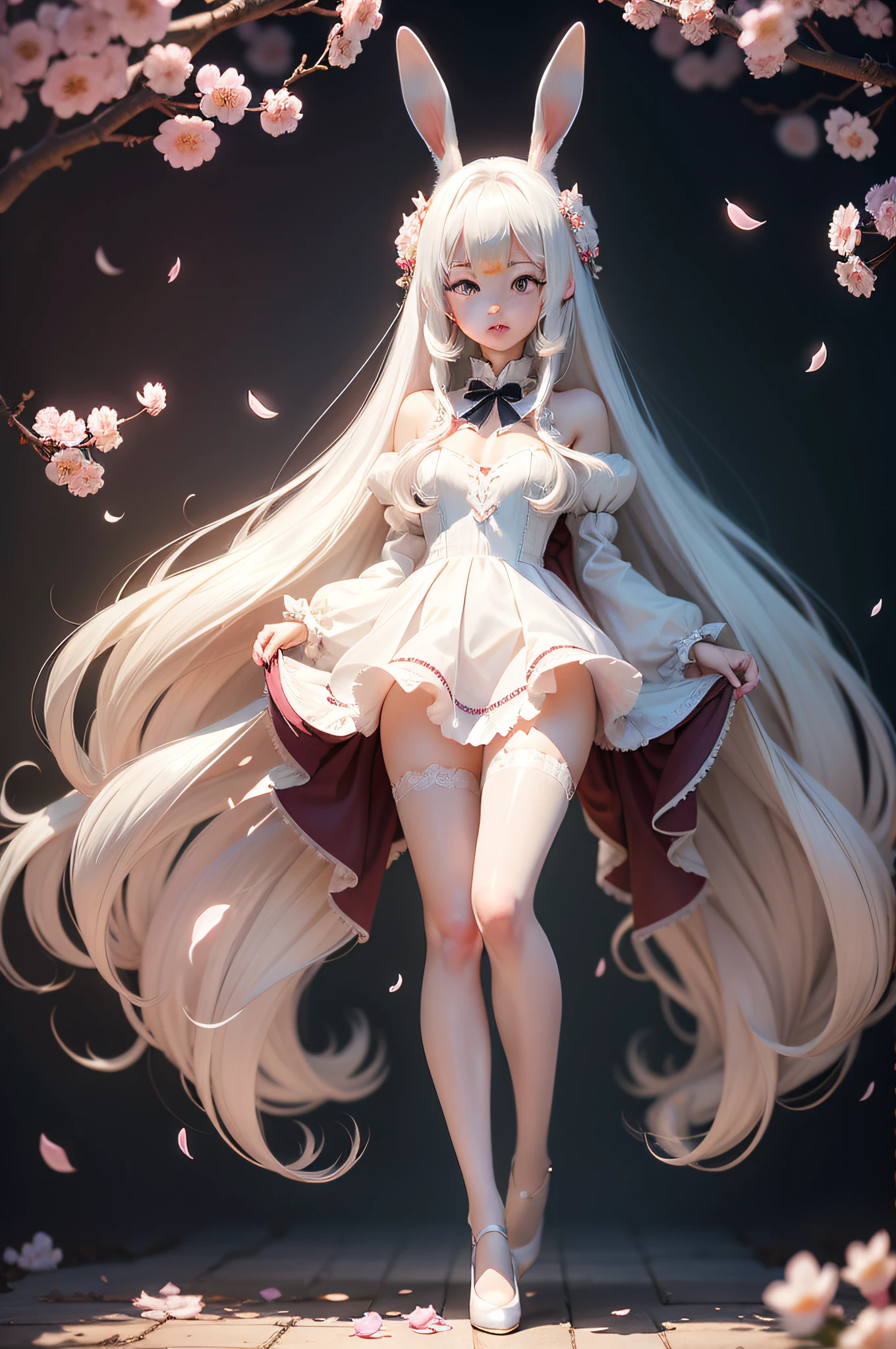 Rabbits with ears, shyness ,glossy hair,gradient hair,an extremely delicate and beautiful,white hair,best quality,very_long_hair,1girl,yarn skirt,ultra-detailed,best illumination,Cherry blossom petal,full body ,Big chest