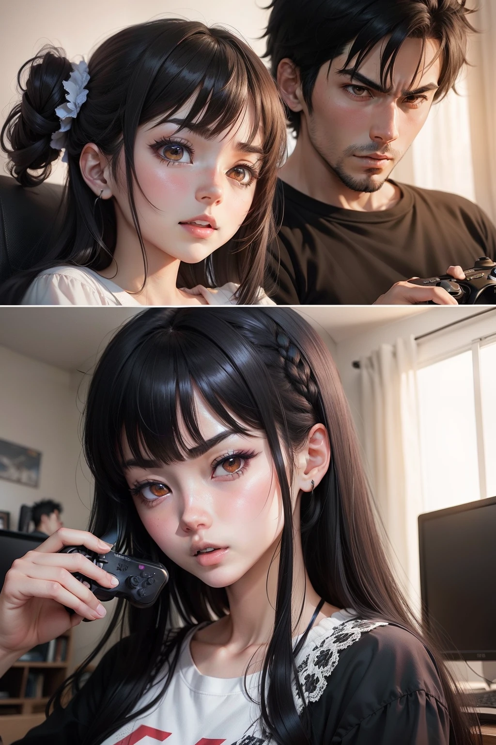 front picture, anime couple playing video games, black hair, serious expression - Variations (Strong)