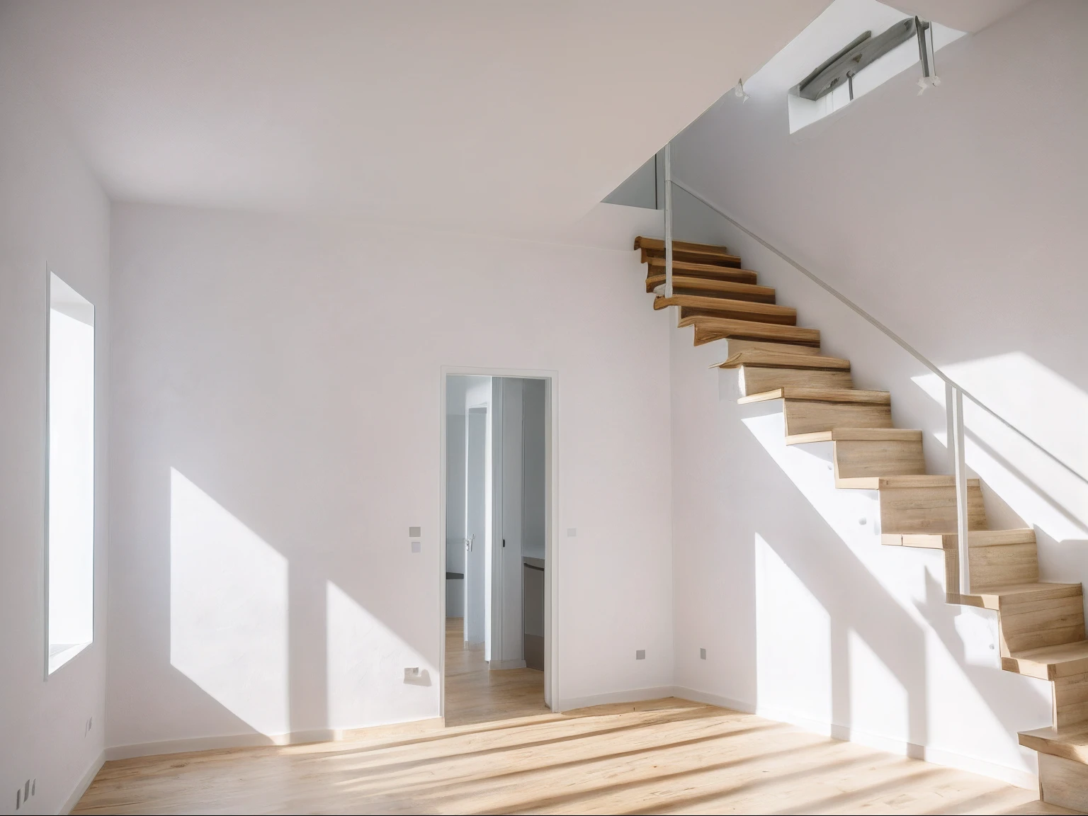 Staircase in a room with a wall and a bucket of paint, The walls are made of dry wall, Interior de la casa, yeso, interior, paredes de estuco, Vista interior, fondo interior, escaleras a un piso superior, escaleras de color rojo claro, Interior del edificio, Dentro del edificio, inside room, Pared blanca interior, Inside the white room, techo alto, Drywall, placa de yeso, blanco, trazos, uniforme