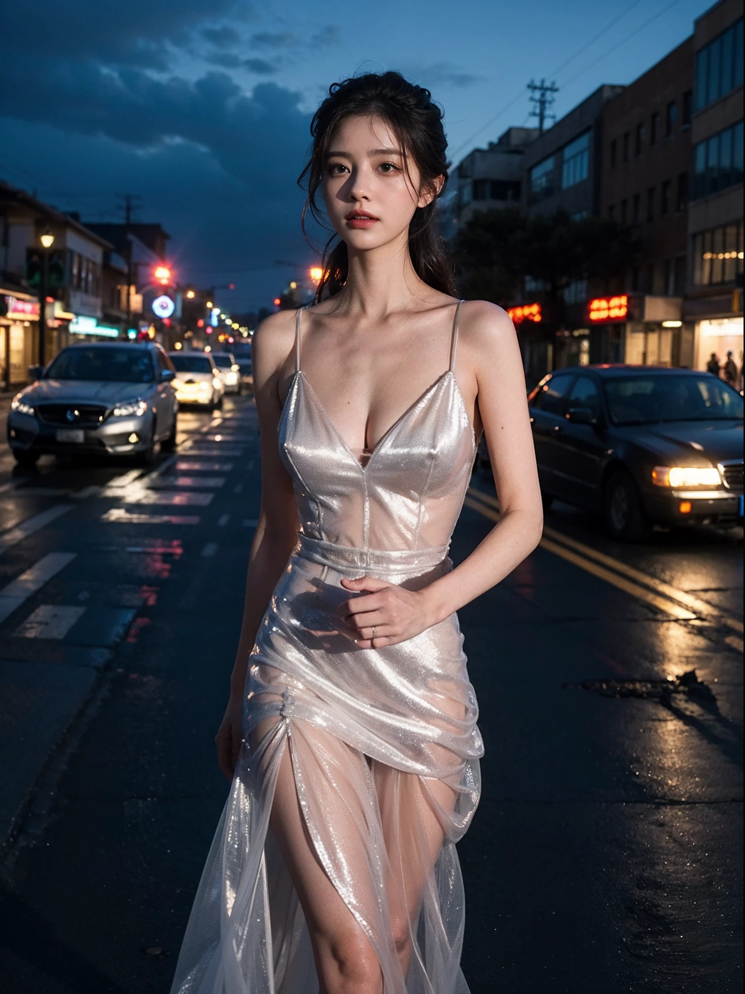 postapocalyptic, A woman wearing a sheer tulle dress , low chest,Walking distance to damaged car, High quality, detail,Anatomically correct,Cinematic lighting effects,medium shot,Close up,
