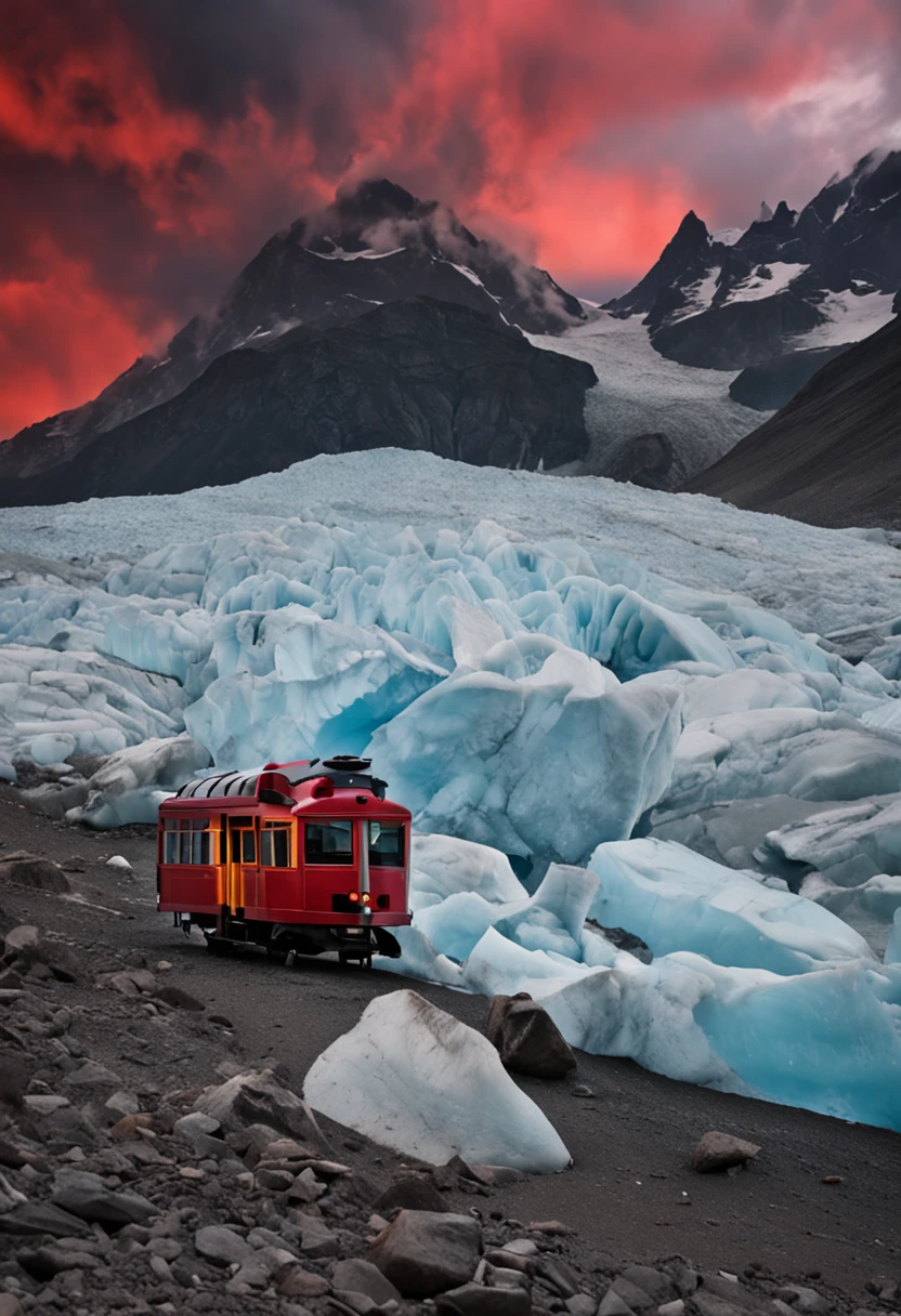 Red steamer ramming glacier vista,Glaciers are one color