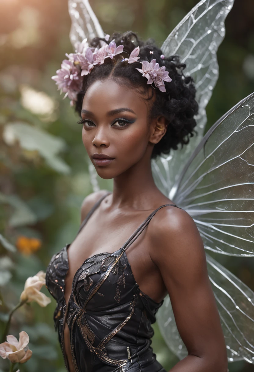 "1 beautiful black fairy woman cyber punk with African ethnicity. A stunning, ethereal depiction of a mesmerizing Flower Fairy in a fantasy realm.Close up,Flower fairy,crystal fairy, shiny butterfly wings,crystal blossom flower,
fantasy, galaxy, transparent,
shimmering, sparkling, splendid, colorful,
magical photography, dramatic lighting, photo realism, ultra-detailed, 4k, High-resolution