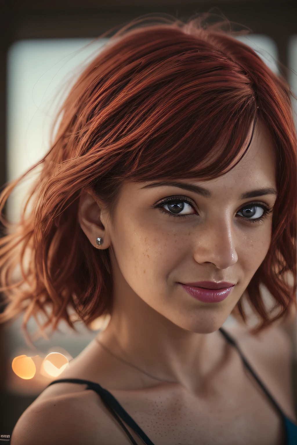 (8k, RAW photo, highest quality) depth of field, bokeh, 8K, HDR, realistic rendering, 36-year-old redheaded woman, some small freckles, front view, goosebumps, cinematic, faded colors, dark shot, muted colors, crazy details, intricate details, hyperdetailed, sunset, shyness, seduction, romance, open mouth, elated, looks at the lens with love