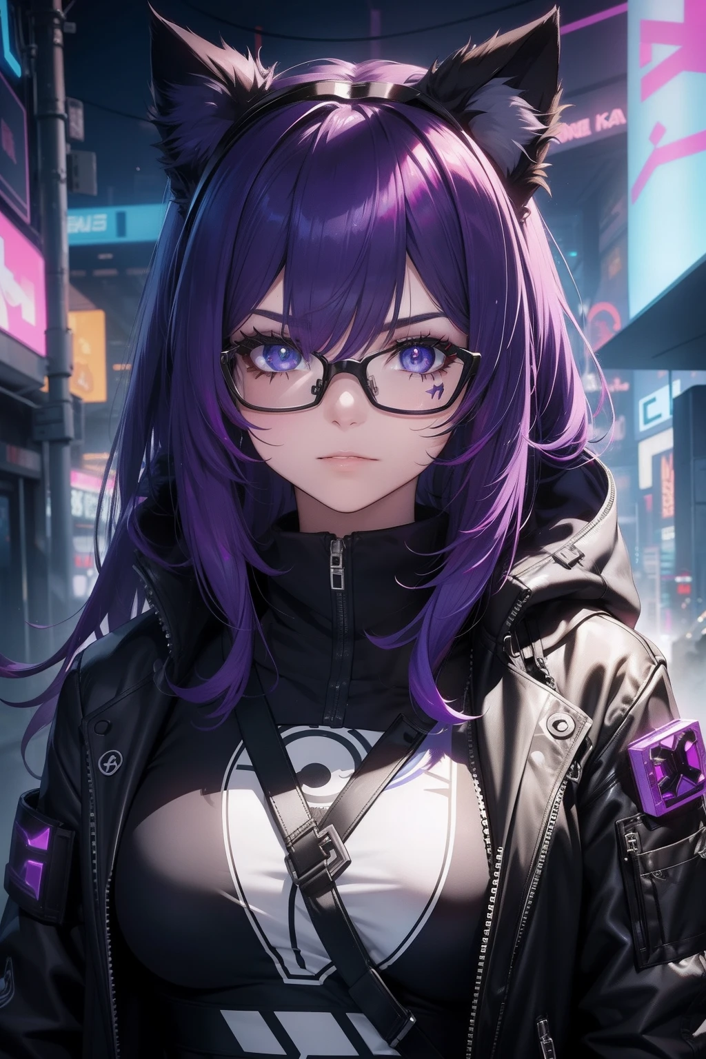 Cyberpunk  roxo gamer, with glasseswith cat ears, olhos roxos brilhando, Cabelo tamanho medio preto Chanel com pontas roxa