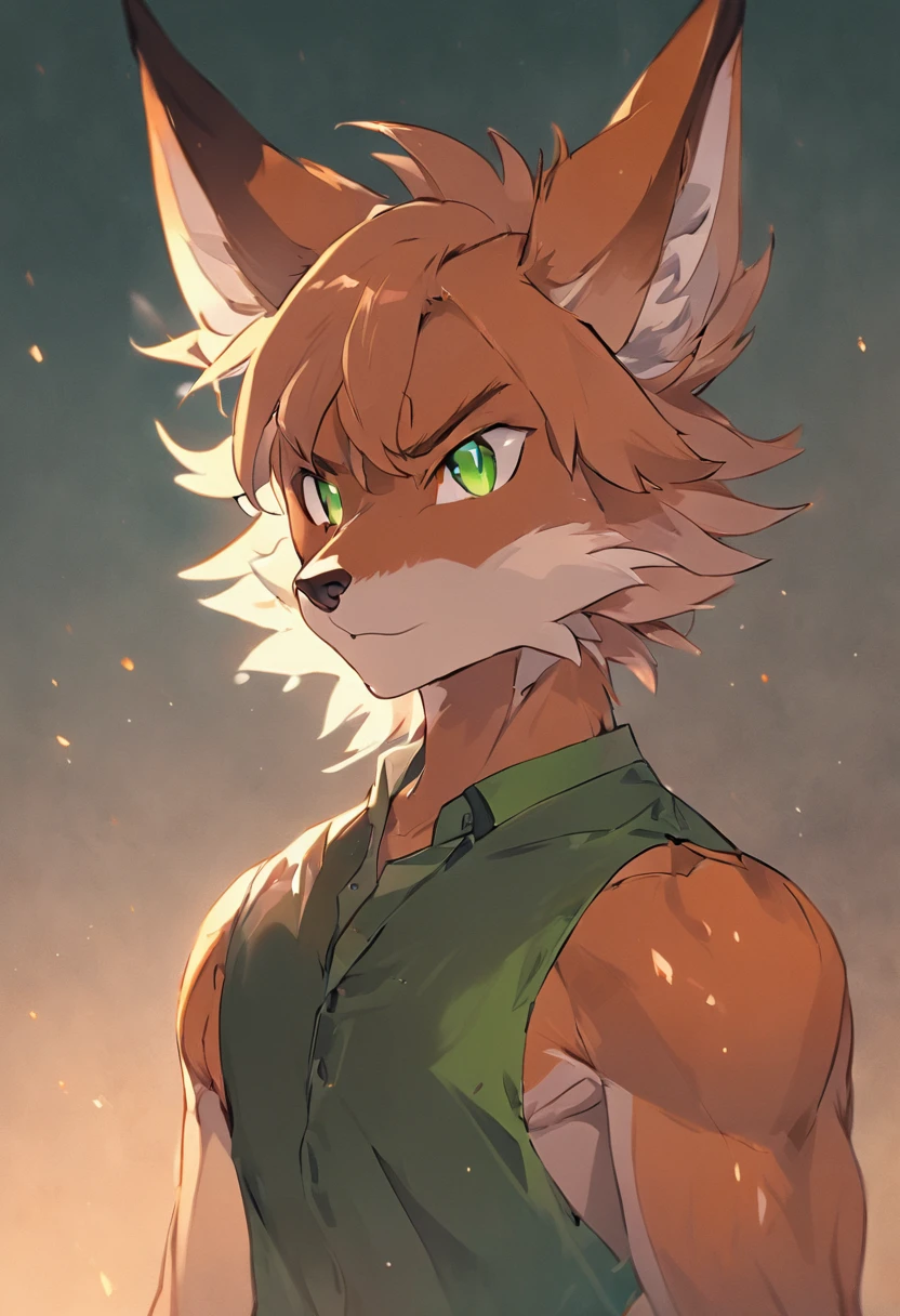 4K, high resolution, Best quality, Masterpiece, perfect colors, perfectly shaded, Perfect lighting, posted on e621, (by Chunie), Furry, anthro, Furry art, ((Portrait)), anthro male fox,, Two-tone leather,(Lunette de soleil),hairy bodies, Green eyes, Perfect male bodyPerfect male figure, Wear men's shorts,Abs,musculature,Detailed fur, Detailed face, Perfect face, (The stands up), Detailed background, ((Bonifasko lighting)), coda, (Detailed eyes), perfect pupils