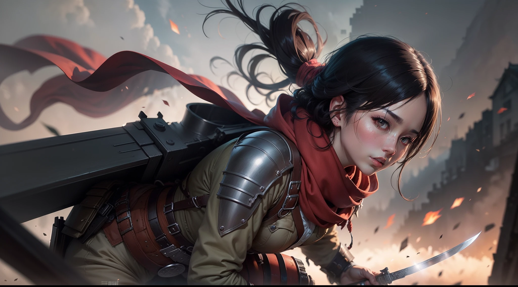 portrait of Mikasa Ackerman in an Army Uniform, Attack on Titan, fchengwei pan on artstation, detailed fantasy art, Holding A Sword, with red scarf on neck, red scarf, stunning character art, fanart best artstation, beautiful armor, extremely detailed, detailed digital anime art, Anime, Manga, High Angle View, by Fan Qi, by Wuzhun Shifan, guweiz on pixiv artstation