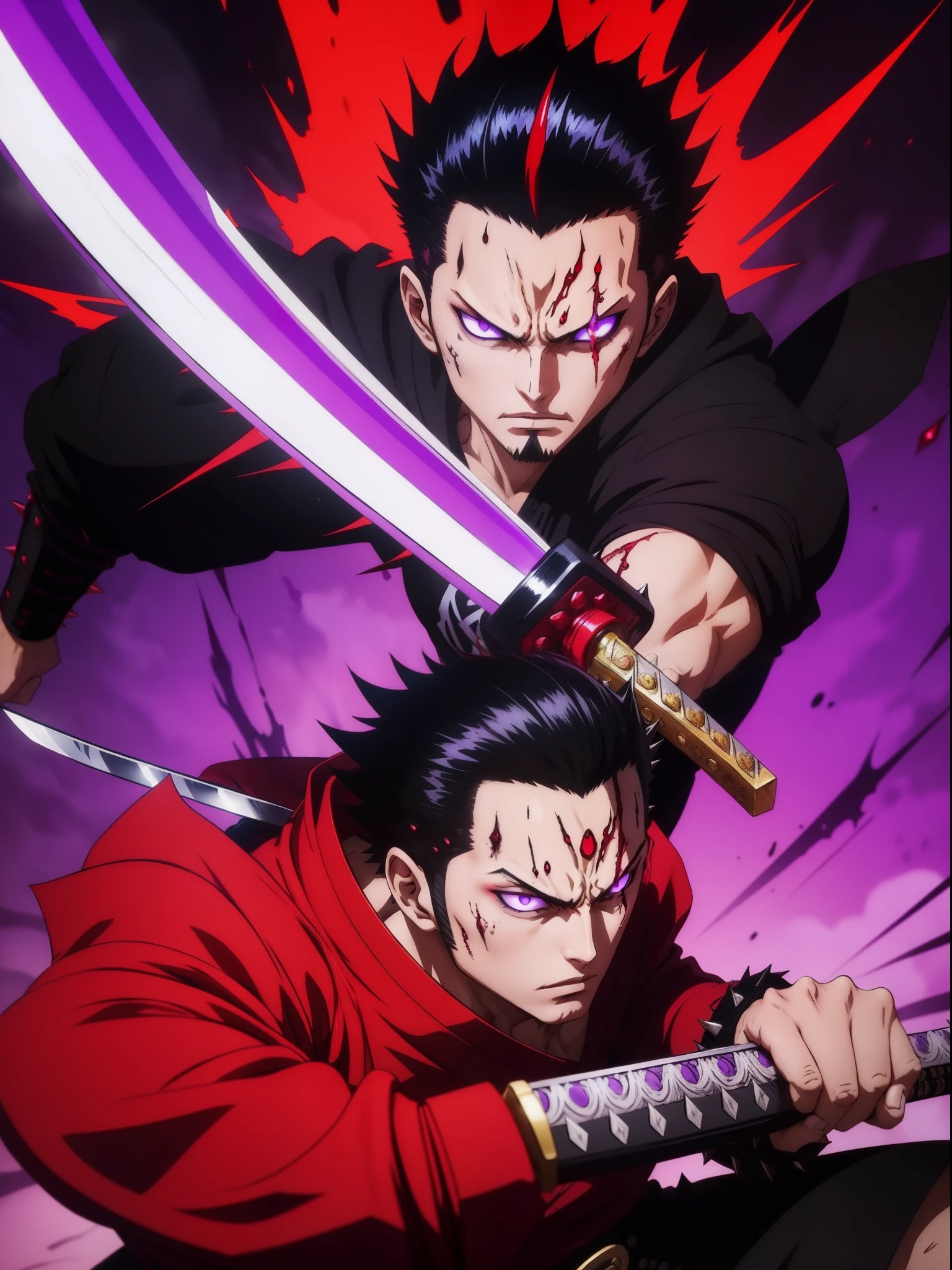 black spiky hair red and purple eyes red drippy clothing manga style with cursed dual katana fighting stance boy purple and red bakcground