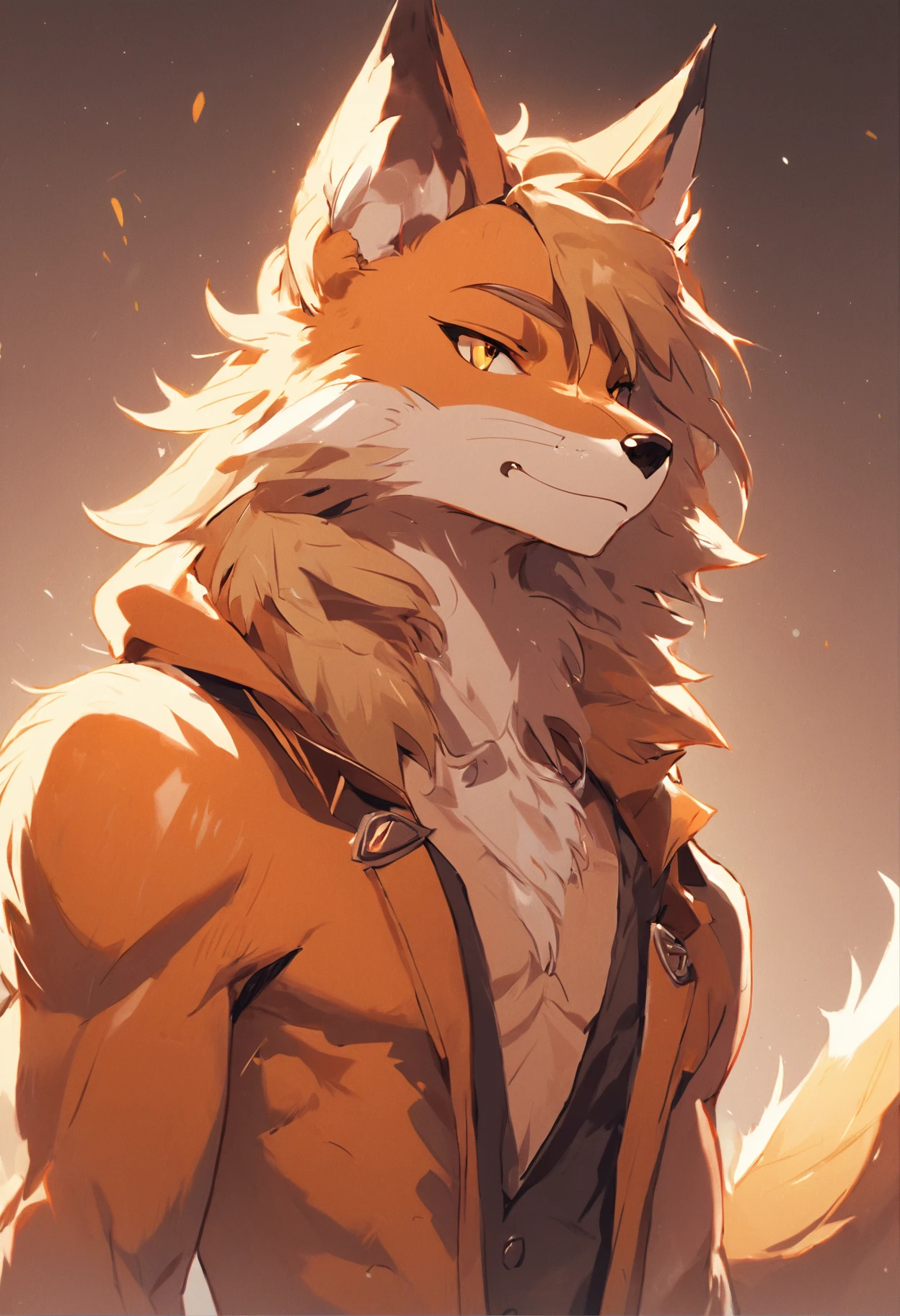 4K, high resolution, Best quality, Masterpiece, perfect colors, perfectly shaded, Perfect lighting, posted on e621, (by Chunie), Furry, anthro, Furry art, ((Portrait)), anthro male fox,, Two-tone leather，（Lunette de soleil），hairy bodies, Yellow eyes, perfect male figure，Wear men's shorts,,Detailed fur, Detailed face, Perfect face, (The stands up), Detailed background, ((Bonifasko lighting)), coda, (Detailed eyes), perfect pupils