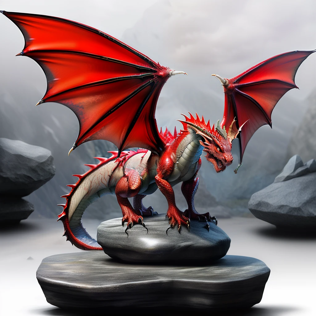 Realistic red dragon with photo of open wings of the whole dragon, image of the whole dragon, fundo transparente, fundo preto, dragon on top of a stone