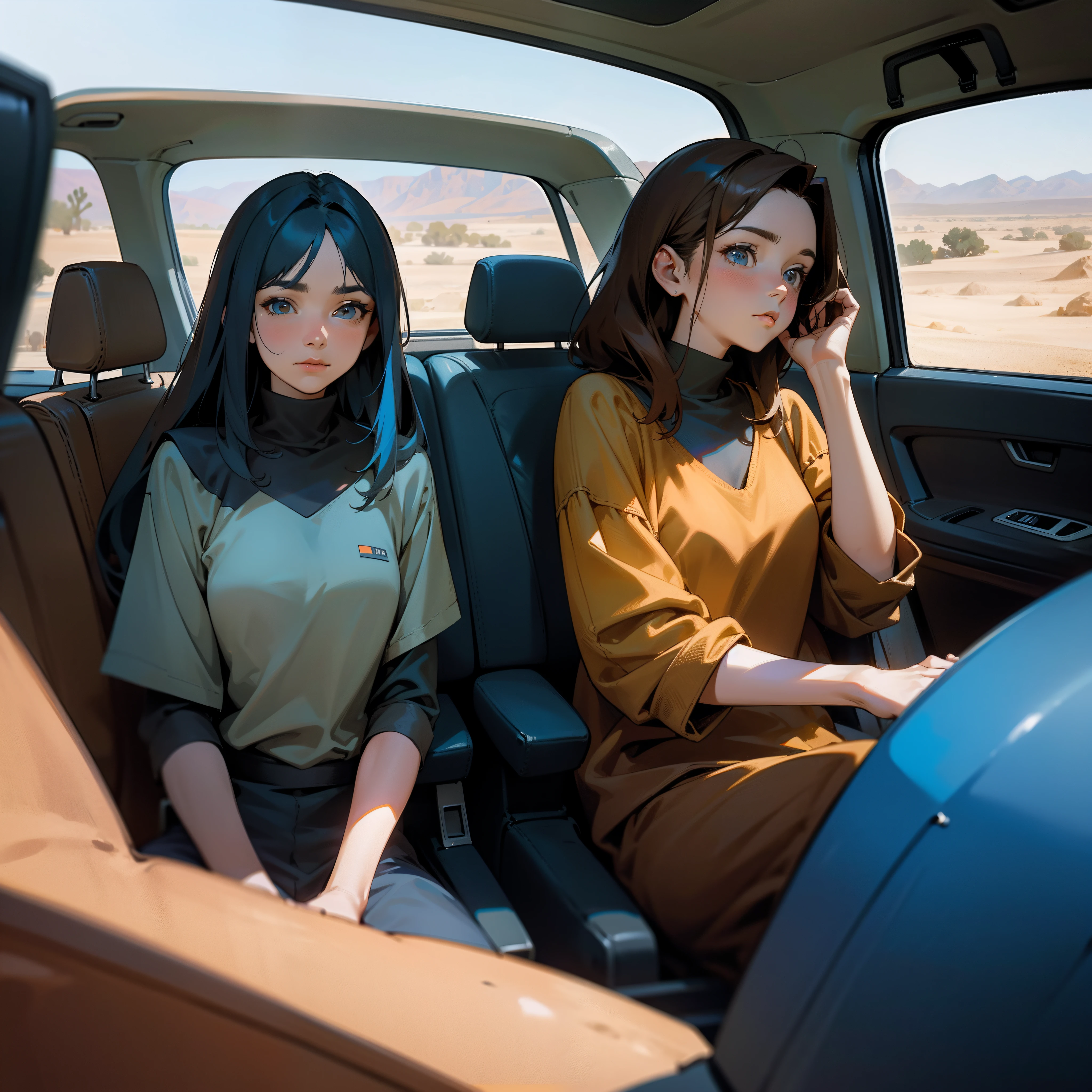 Three people,Brown hair middle-aged woman,Brown haired middle-aged male,Blue hair age female,Sit in the car,The background is desert,Dark Department,No living things,There are no greenery,4K poster style。