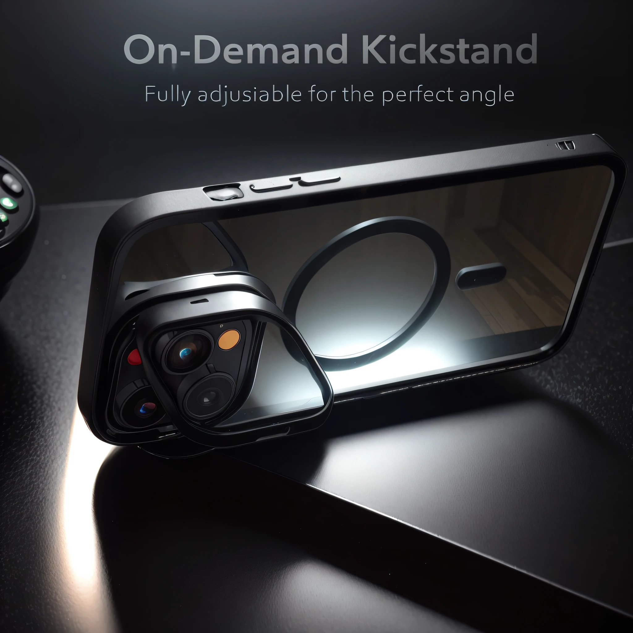 There is a phone on a table with a camera, bottom angles, angled view, right angled view, Side angle, detailed wide shot, dynamic angle shot, front angle, sony nicon iphone 1 3 pro max, front side full, side view centered, with laser-like focus, extreme view angle, tilted camera angle, high angle close up shot,black in color,solidcolor,