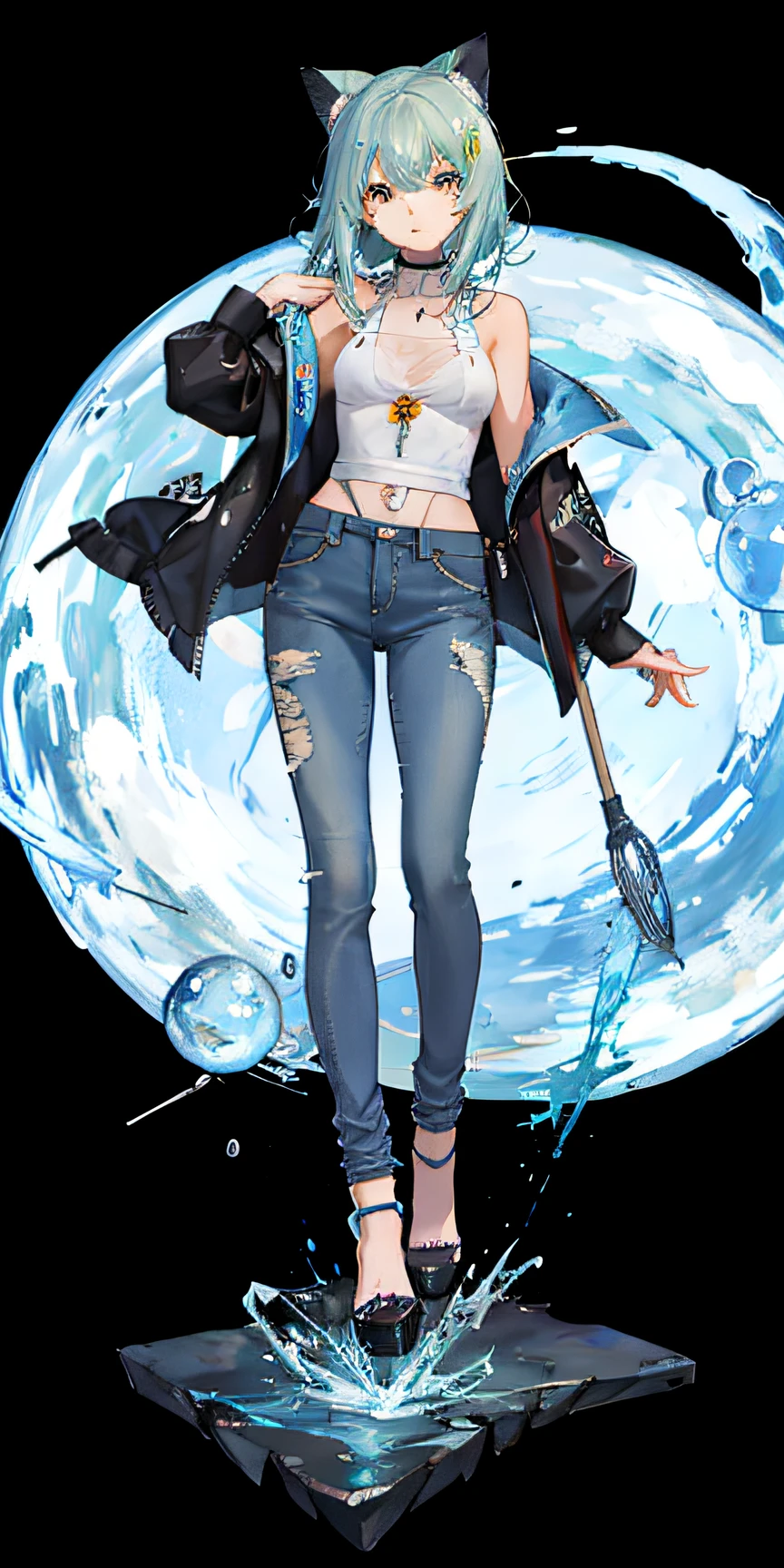 (Golden Ratio:1.2),(full body:1.3), 1garota, looking-into-camera, ((cabelos brancos)), (Olhos Ciano), (orelhas de gato:1.1), gatinha, bonita, graciosa, roupas casuais, estilo capa de anime, obra prima, arte perfeita, anatomicamente correto, denim trousers