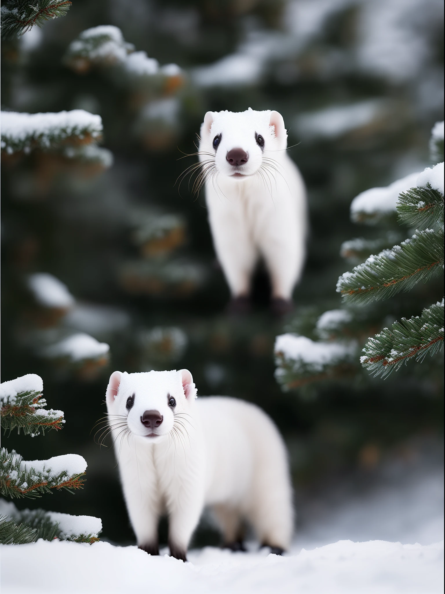 A white ferret stands on the snow，There is a ferret under the pine tree，It's snowing， RAW photo, (8K、top-quality、tmasterpiece:1.2)、(intricately details:1.4)、(Photorealsitic:1.4)、Complex 3D Rendering Ultra Detail, vibrant detail, super detailing, Photorealsitic