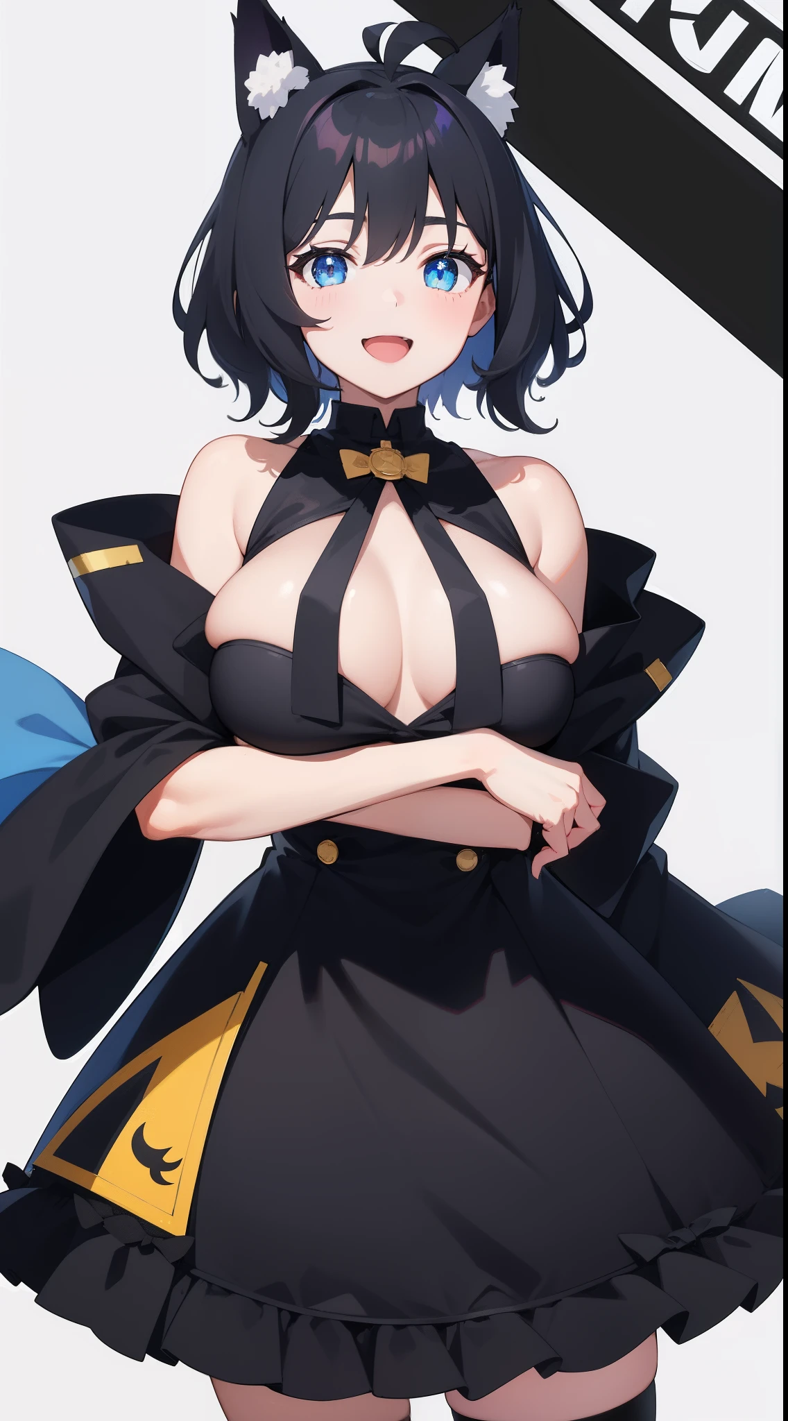 Upright, Arms at sides, Looking at Viewer, Simple background, 1girl in, Open mouth, Smile, Virtual Youtuber、girl with、、((Best Quality, high_resolution, Distinct_image)),(Black hair), (Black cat ears), (Ahoge), (absurdly short hair), (Wavy Hair), (Blue eyes),、A smile、large full breasts、
Front-facing
