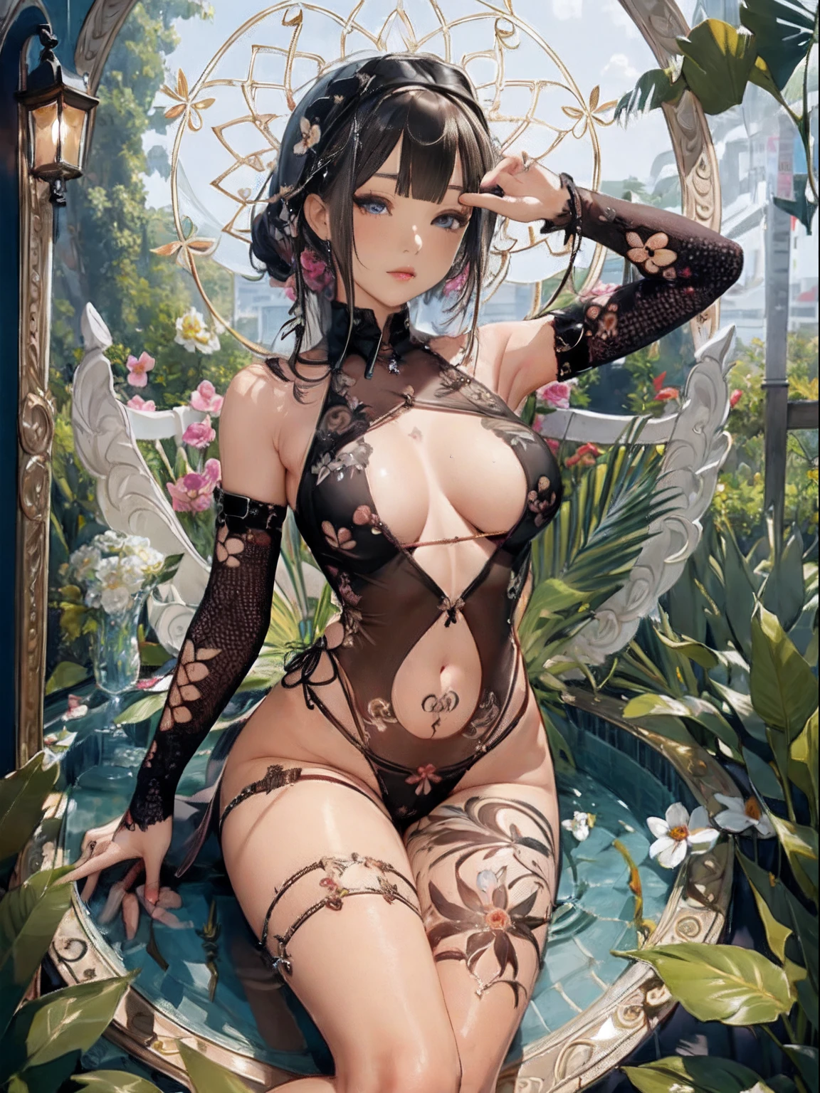 (Masterpiece, Top Quality, Best Quality, Official Art, Beautiful and Aesthetic: 1.2), (1 Flower), Upper Body, Extremely Detailed, (Fractal Art: 1.3), Colorful, Most Detailed,"Best Quality", "Masterpiece,Sakimichan style art,slight smile,, legs open, view of pubic hair, 1 sexy girl in transparent forest clothes,exposed breasts, open transparent T-shirt ,Tattoos of mandalas and flowers, The best quality,black hair fused with platinum and gold, nude girl, beautiful visible pubic area, pink pesons, small breasts a the view, pond of water in the garden, tattoos of mandalas and flowers on the naked body, floating old clock, lamp, lantern,skin wet with water,