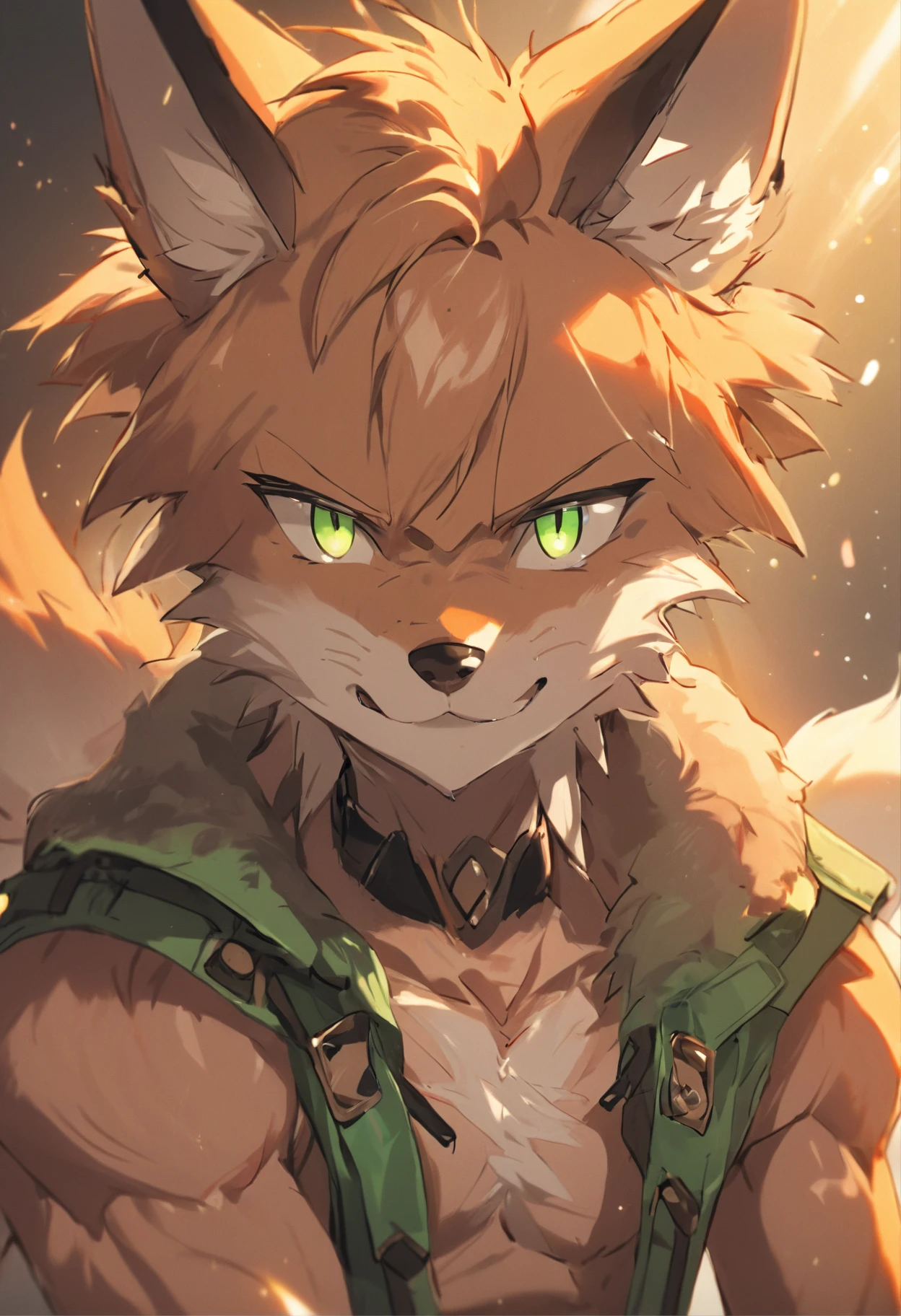 4K, high resolution, Best quality, Masterpiece, perfect colors, perfectly shaded, Perfect lighting, posted on e621, (by Chunie), Furry, anthro, Furry art, ((Portrait)), anthro male fox,, Two-tone leather,(Lunette de soleil),hairy bodies, Green eyes, Perfect male bodyPerfect male figure, Wear men's shorts,Abs,musculature,Detailed fur, Detailed face, Perfect face, (The stands up), Detailed background, ((Bonifasko lighting)), coda, (Detailed eyes), perfect pupils