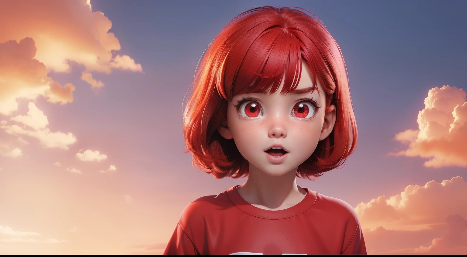 red eyes red hair red t-shirt, field surprise expression with mouth open, ,sunny sky backgrounds , pixar disney cartoon style