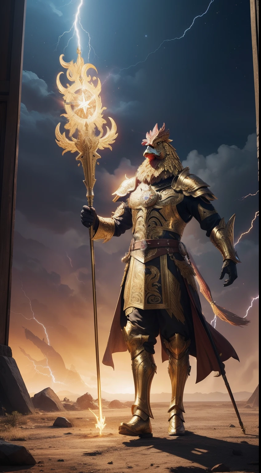 general, giant holy magic staff, rooster face, golden armor, full body, lightning background, Animal Anthropomorphism, realistic digital, humanoid, abstract background, global illumination, intricate, epic, dramatic, masterpiece, high detail, best quality, ultra high res