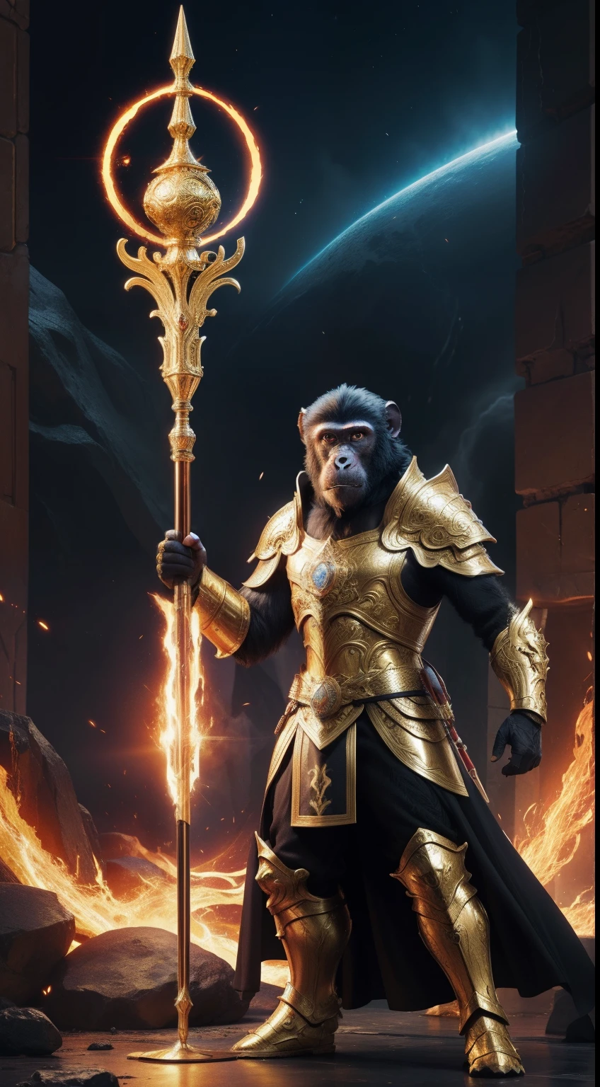 general, giant holy magic staff, monkey face, golden armor, full body, lava background, Animal Anthropomorphism, realistic digital, humanoid, abstract background, global illumination, intricate, epic, dramatic, masterpiece, high detail, best quality, ultra high res