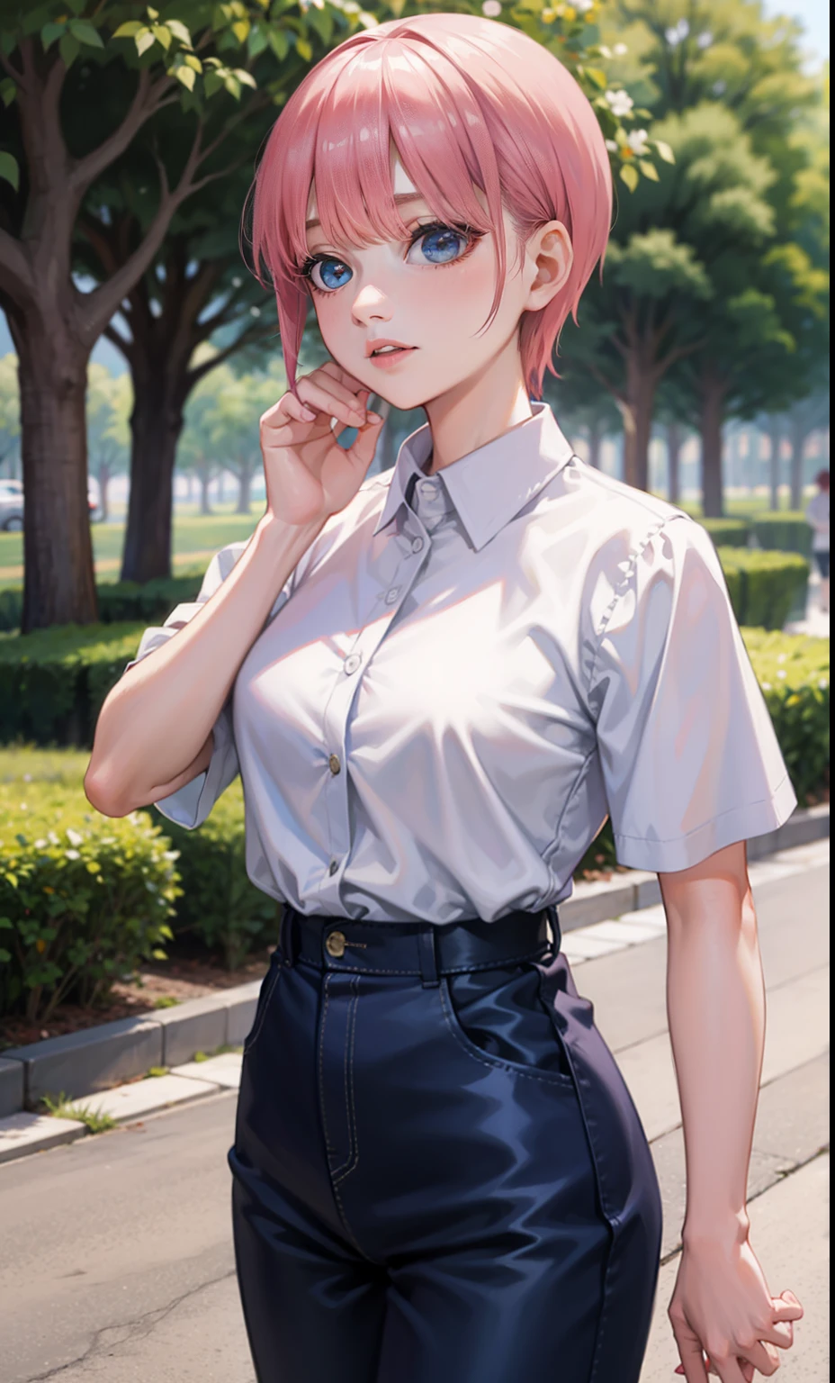 Hay una mujer con cabello rosa y una falda verde, Chica de anime en la vida real, Pelo rosa y ojos cian, Linda chica con cabello corto y rosado, Anime Girl Cosplay, Anime de cosplay, Ayaka Cosplay, Anime realista, con cabello rosado, como personaje de anime, cosplay profesional, Haruno Sakura, Retrato realista kawaii, ((ojos cian)), pelo rosa, parque